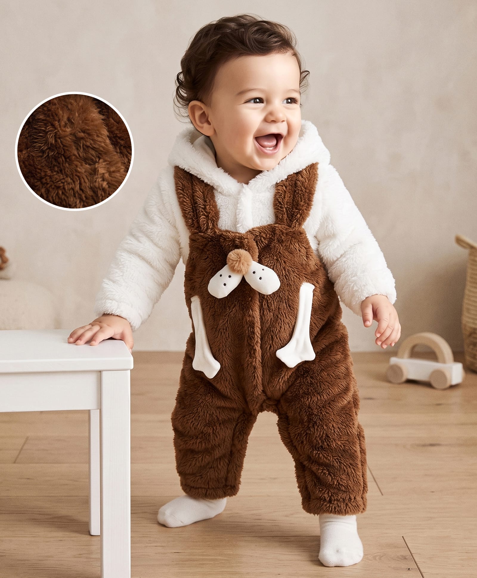 Mark & Mia Cotton Full Sleeves Winter Wear Romper With Bunny Ear Applique - Brown-image-33