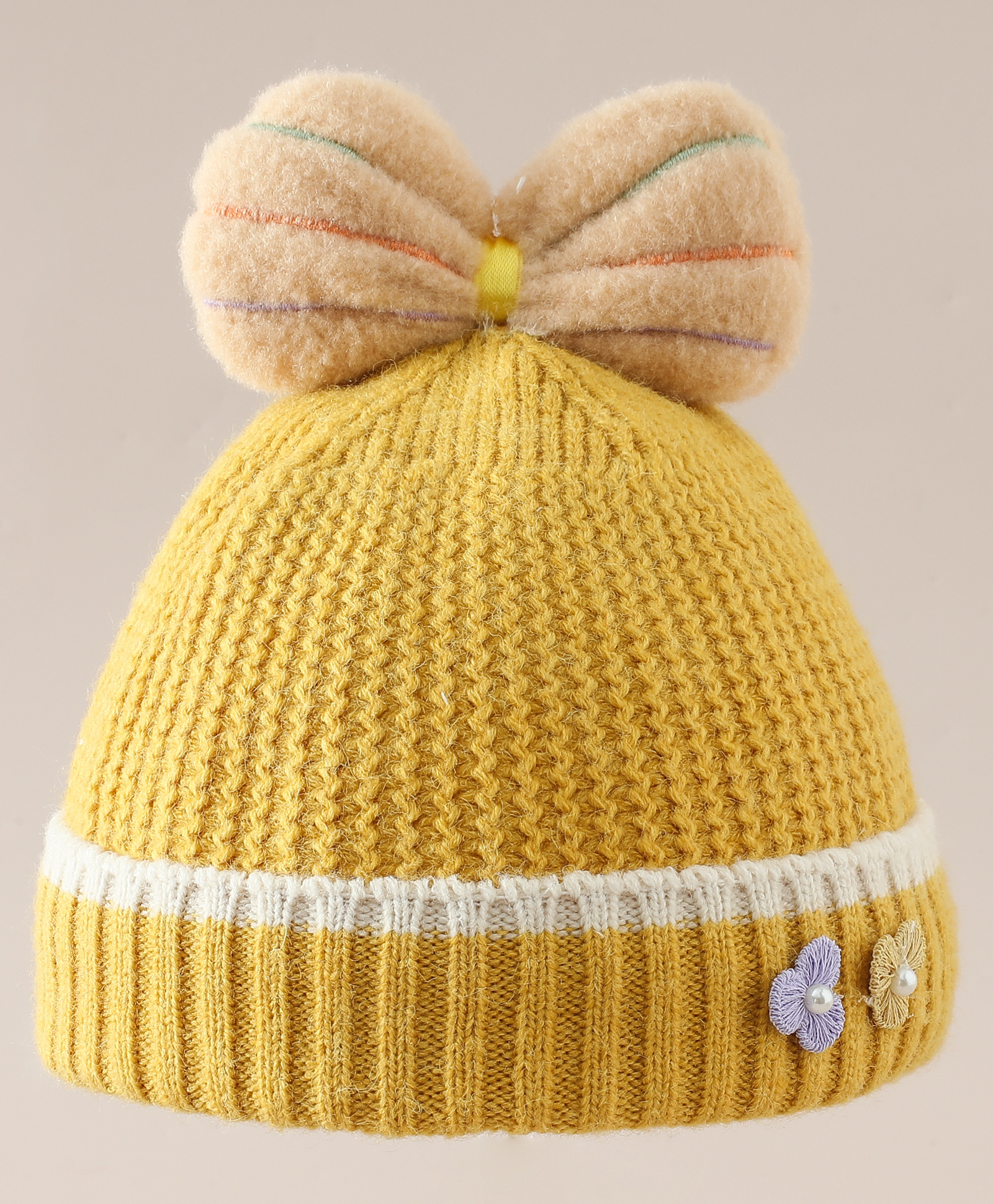 Babyhug Woollen Cap With Floral Applique Bow On Top Yellow - Diameter 9 cm-image-26