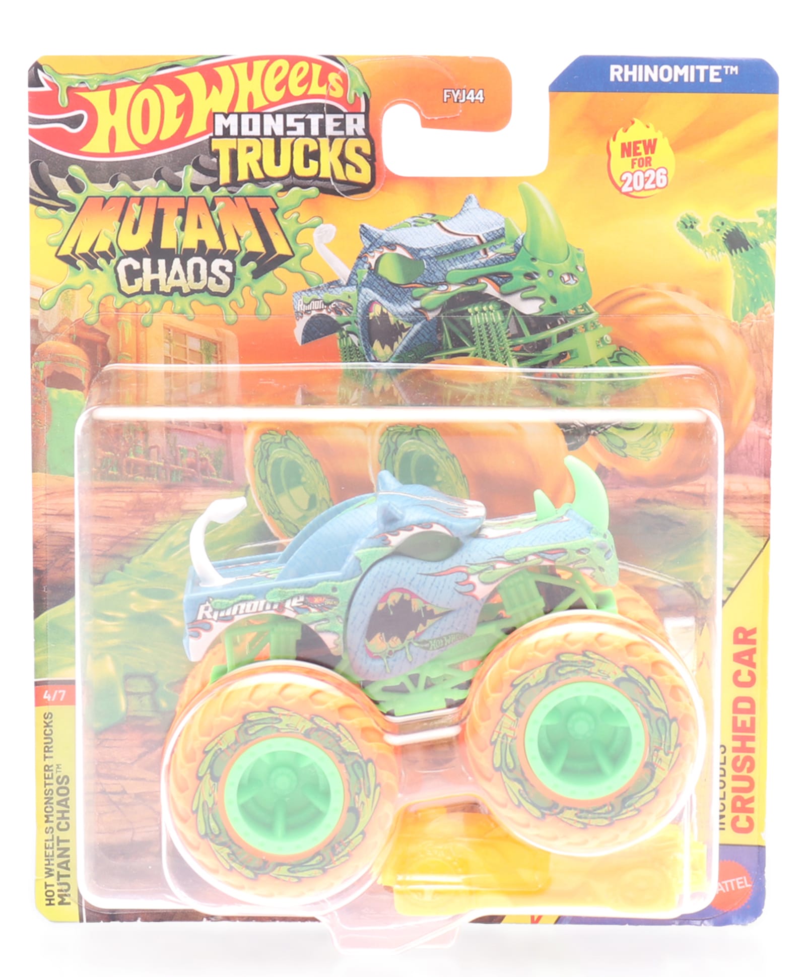 Hot Wheels Die Cast Monster Trucks Mutant Chaos 4/7 Rhinomite - Green & Orange-image-12