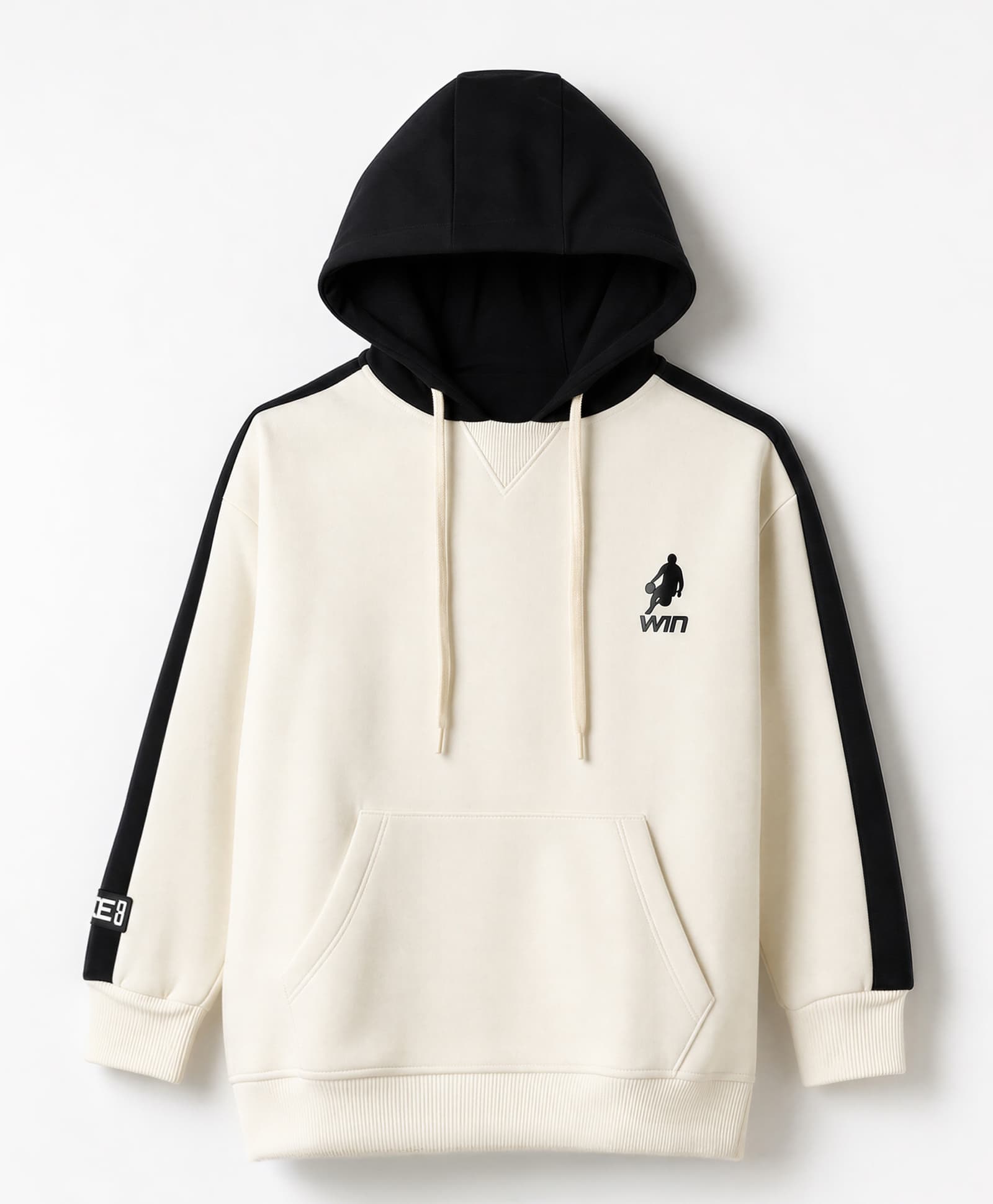 Primo Gino Cotton Knit Brushed Terry Color Block Drop Shoulder Hoodie with Basketball Print in Chest & Back - Off White-image-1