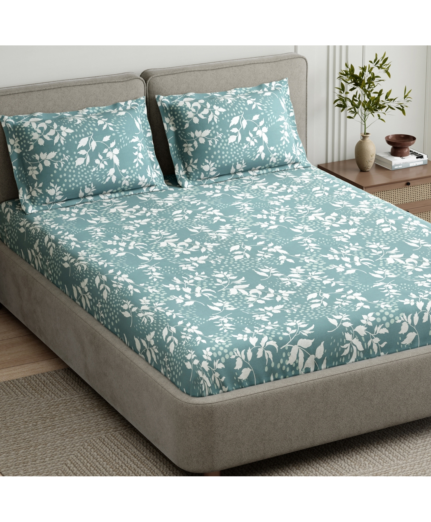 Haus & Kinder 100% Cotton King Fitted 144 TC Bedsheet, 2 Pillow Covers, Green foliage-picture-48