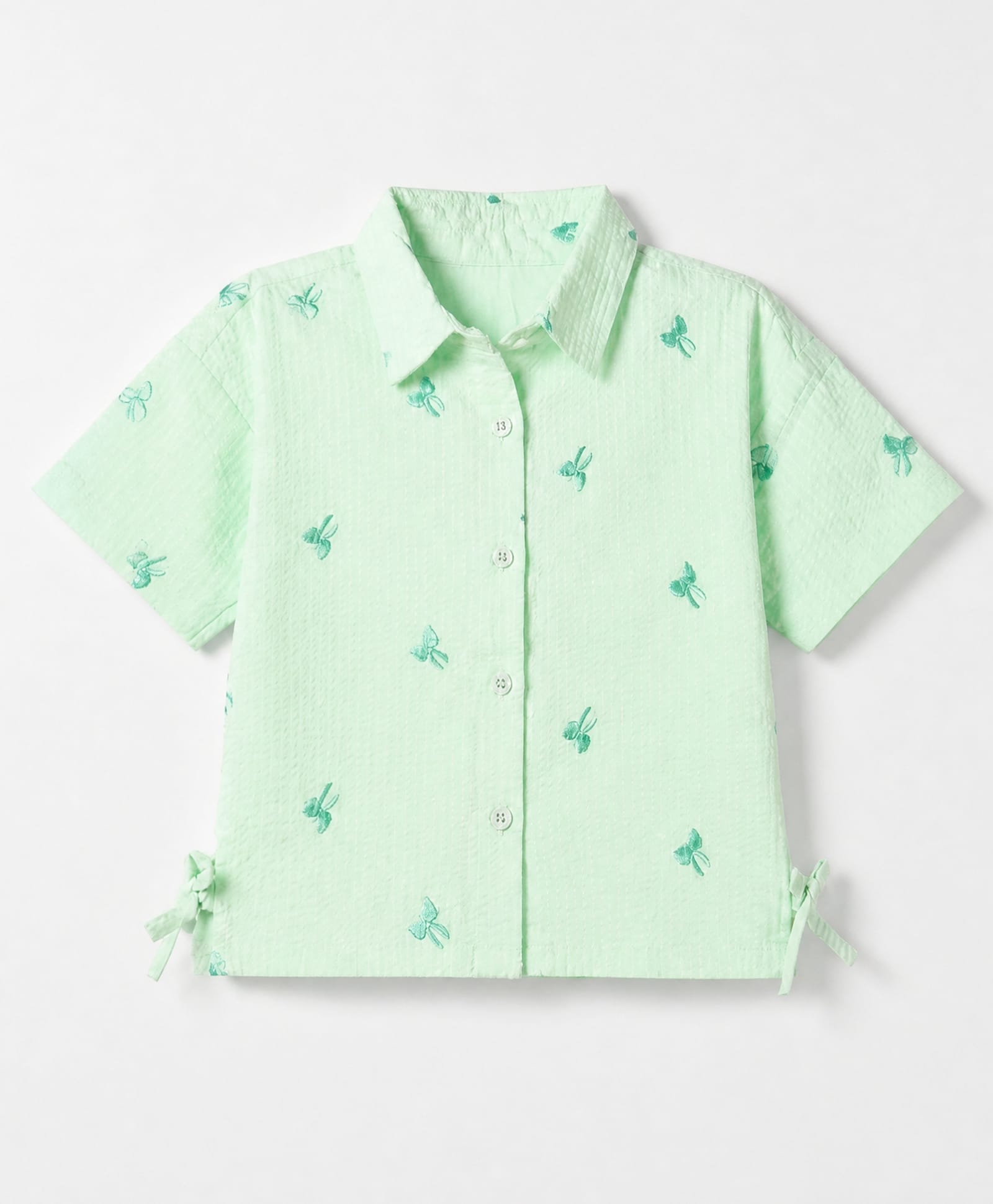 Babyhug 100 % Cotton Woven Shirt Style Top with Half Sleeves and Bow Embroidery - Green