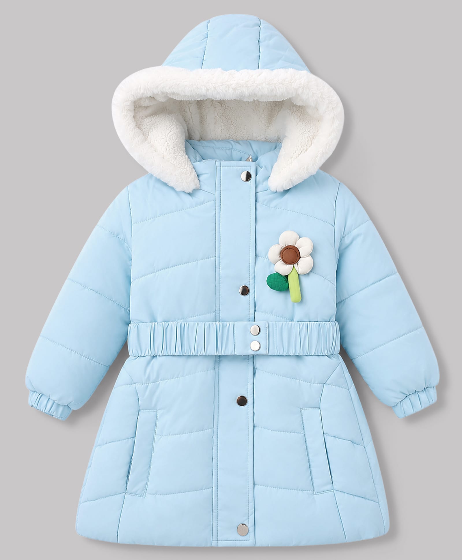 Babyhug Woven A-Line Winter Jacket with Full Sleeves and Floral Applique - Sky Blue-image-18