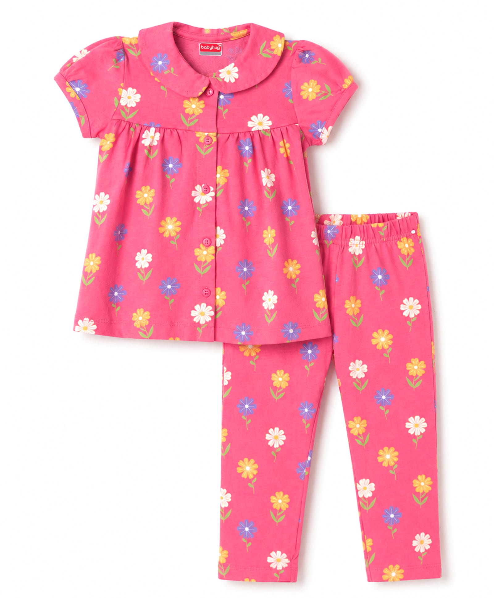 Babyhug Cotton Knit Half Sleeves Front Open Top & Pyjama Night Suit with Floral Print - Pink-image-2