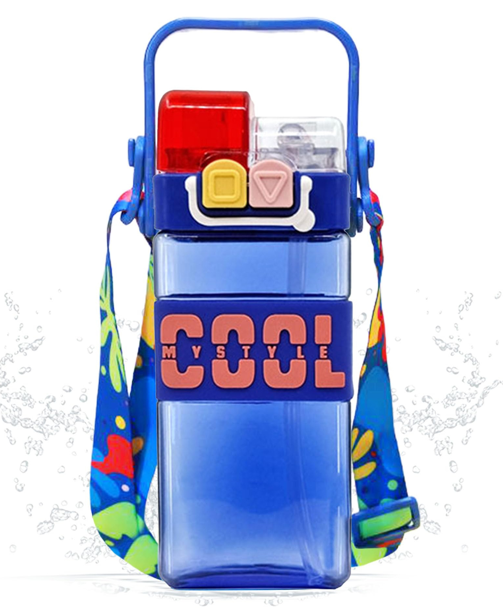 FunBlast Dual Cap School Water Bottle with Straw, Strap & Carry Handle for Kids - 520 ml (Blue)-picture-20