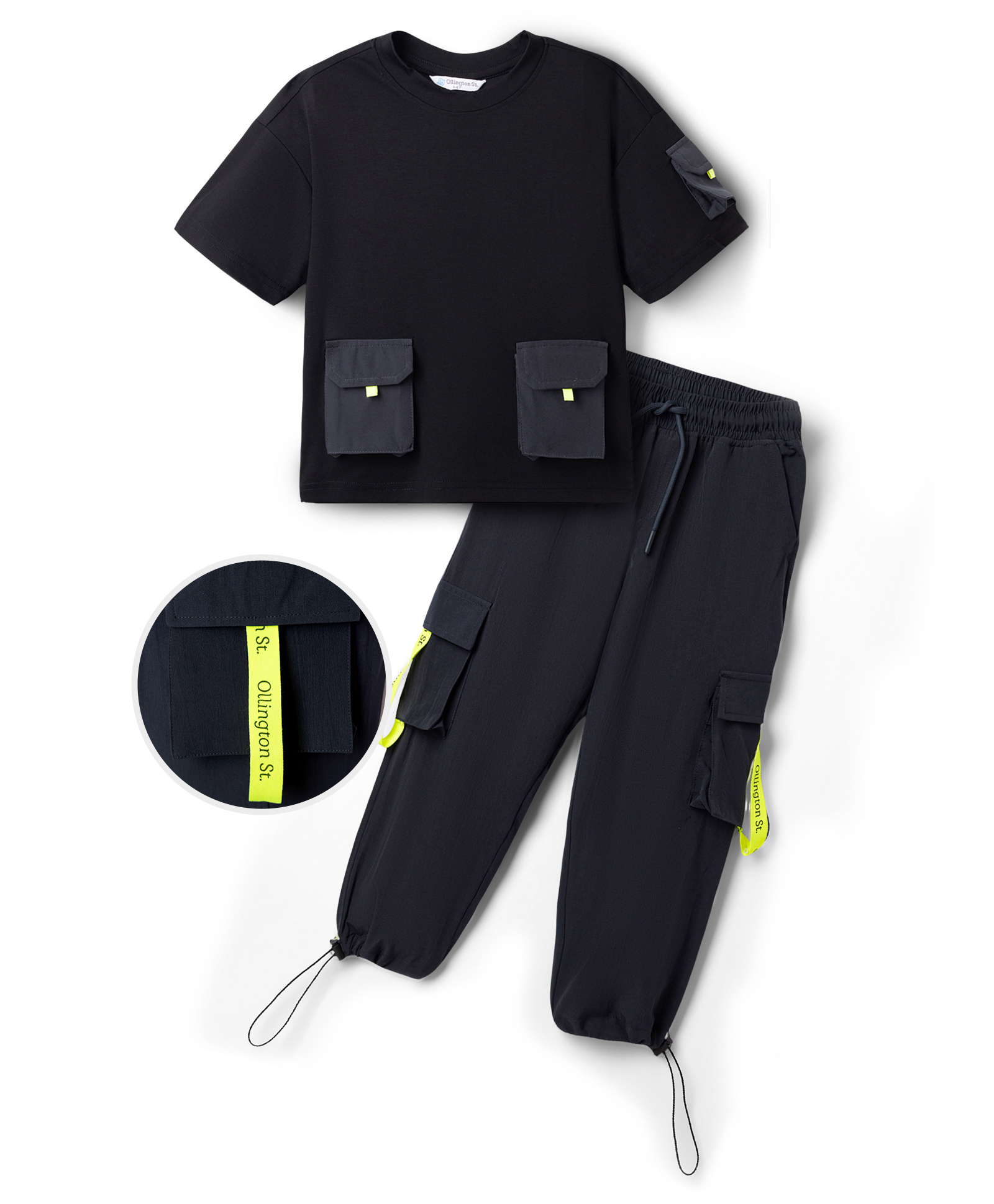 OLLINGTON ST. Cotton Knit Half Sleeves T-Shirt & Joggers Set With Pocket - Black-picture-35