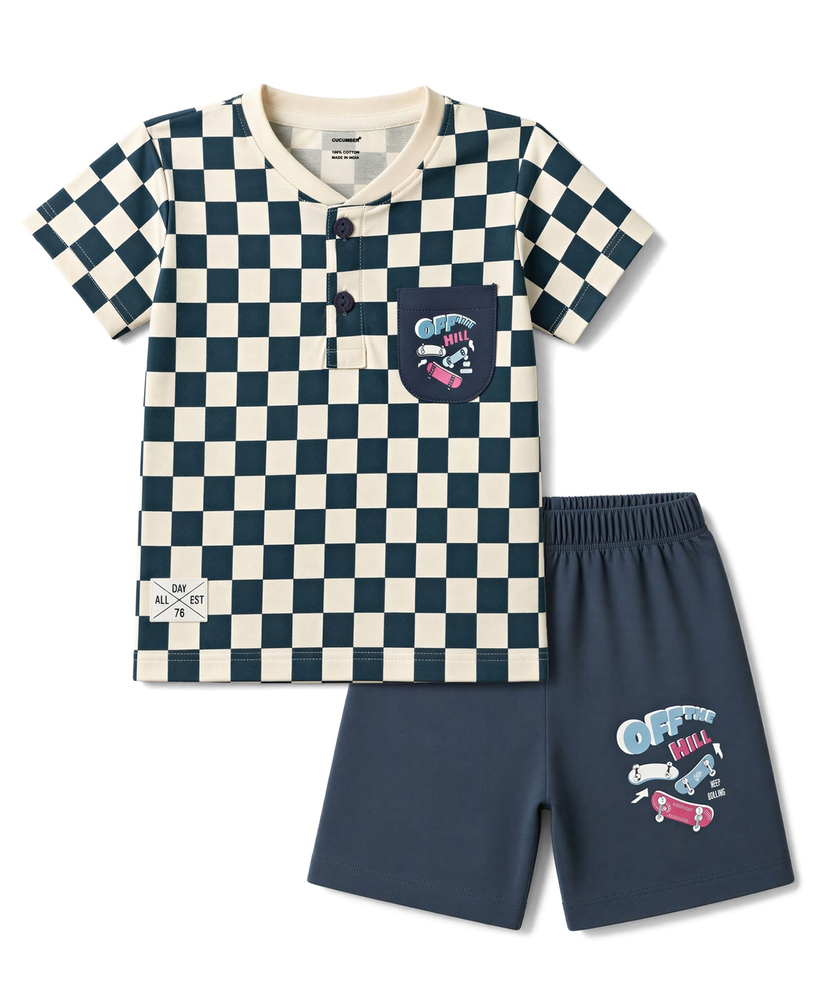 CUCUMBER Sinker Knit Half Sleeves Checkered Henley Neck T-Shirt & Shorts Set with Skating Print - Navy-image-29