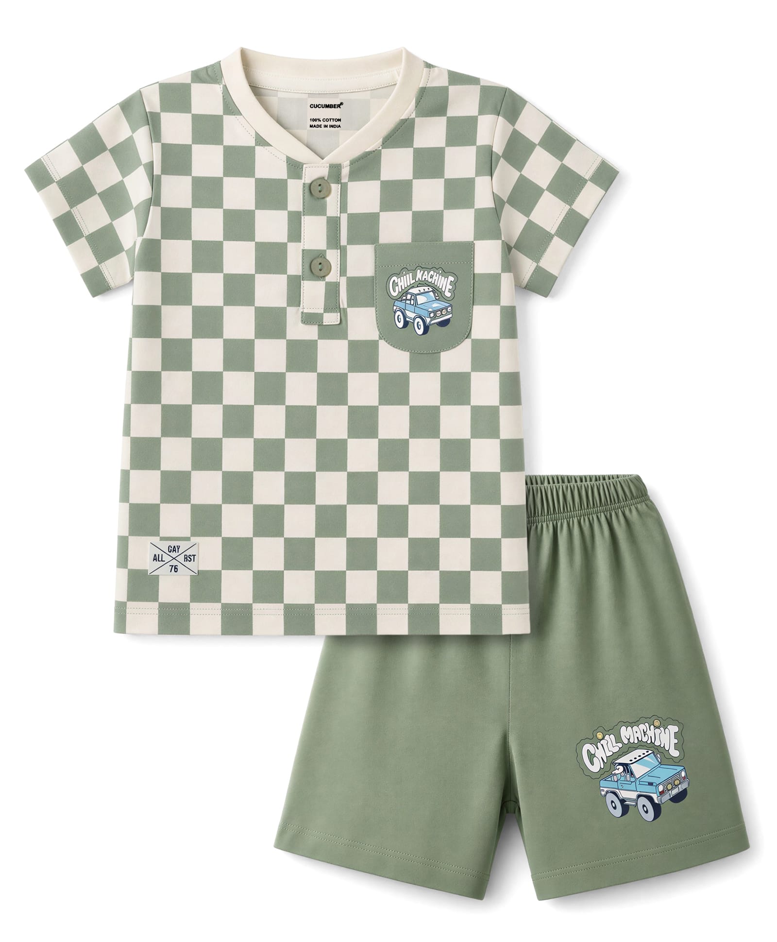 CUCUMBER Sinker Knit Half Sleeves Checkered Henley Neck T-Shirt & Shorts Set with Car Print - Grey-picture-18