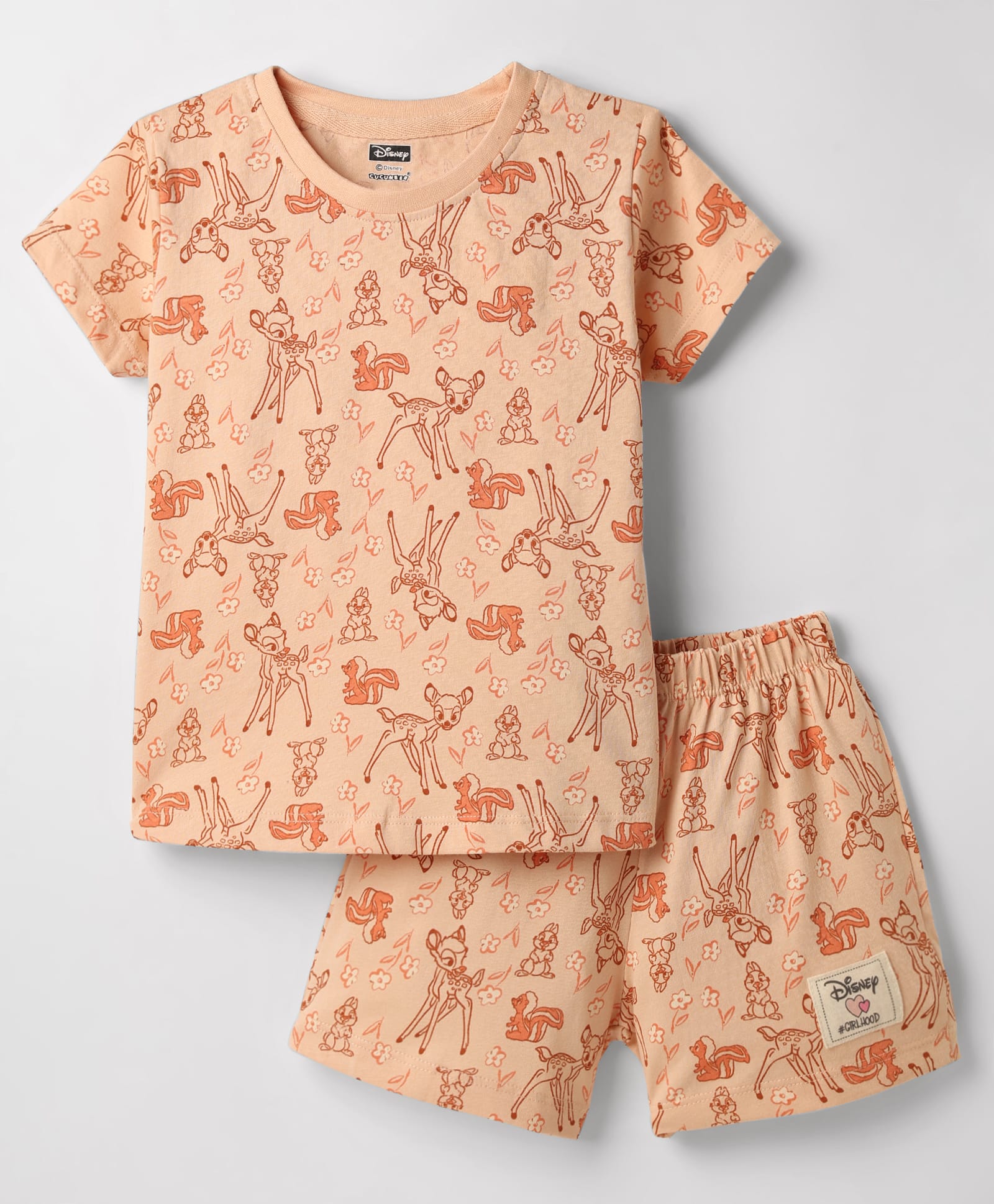 CUCUMBER Sinker Knit Half Sleeves Co-Ords T-Shirt & Shorts Night Suit With Bambi Graphic - Light Peach-image-34