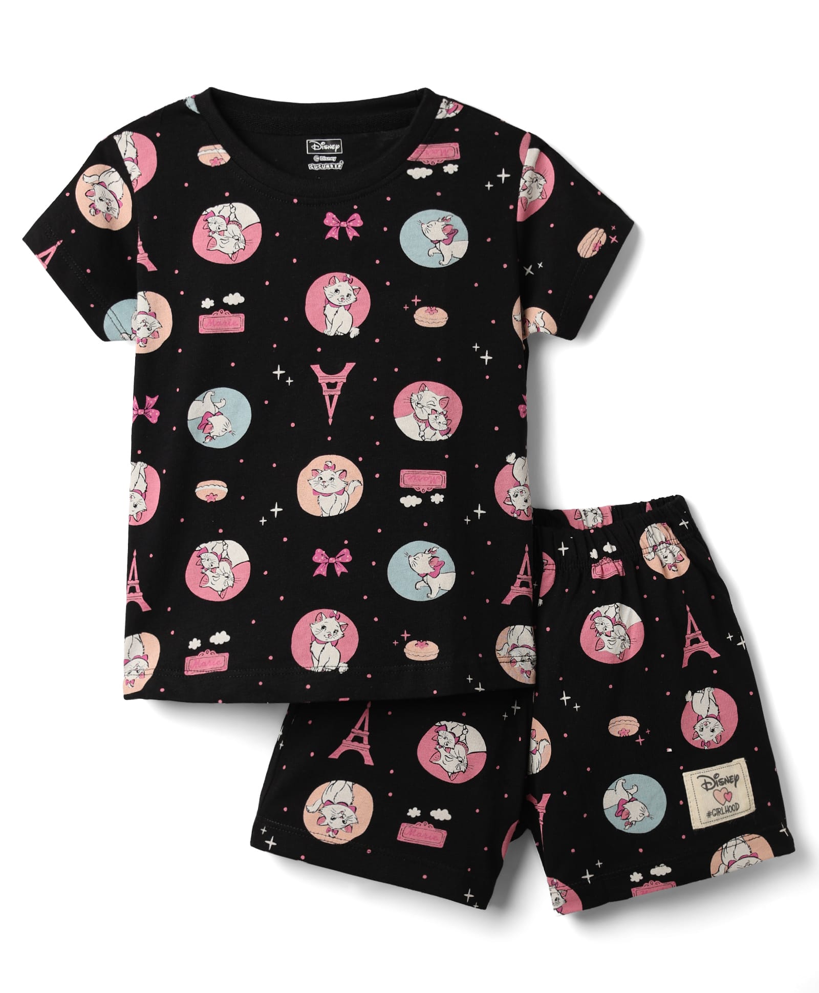 CUCUMBER Sinker Knit Half Sleeves Co-Ords T-Shirt & Shorts Night Suit With Marie Graphic - Black-picture-41