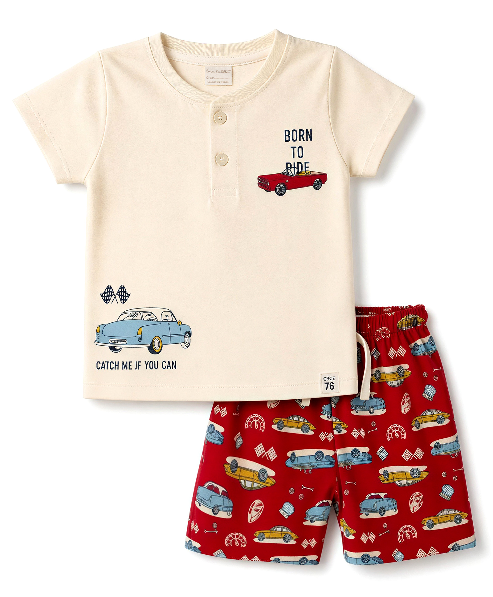 CUCUMBER Sinker Knit Half Sleeves Vehicles Printed T-Shirt & Shorts Night Suit - Cream-picture-44