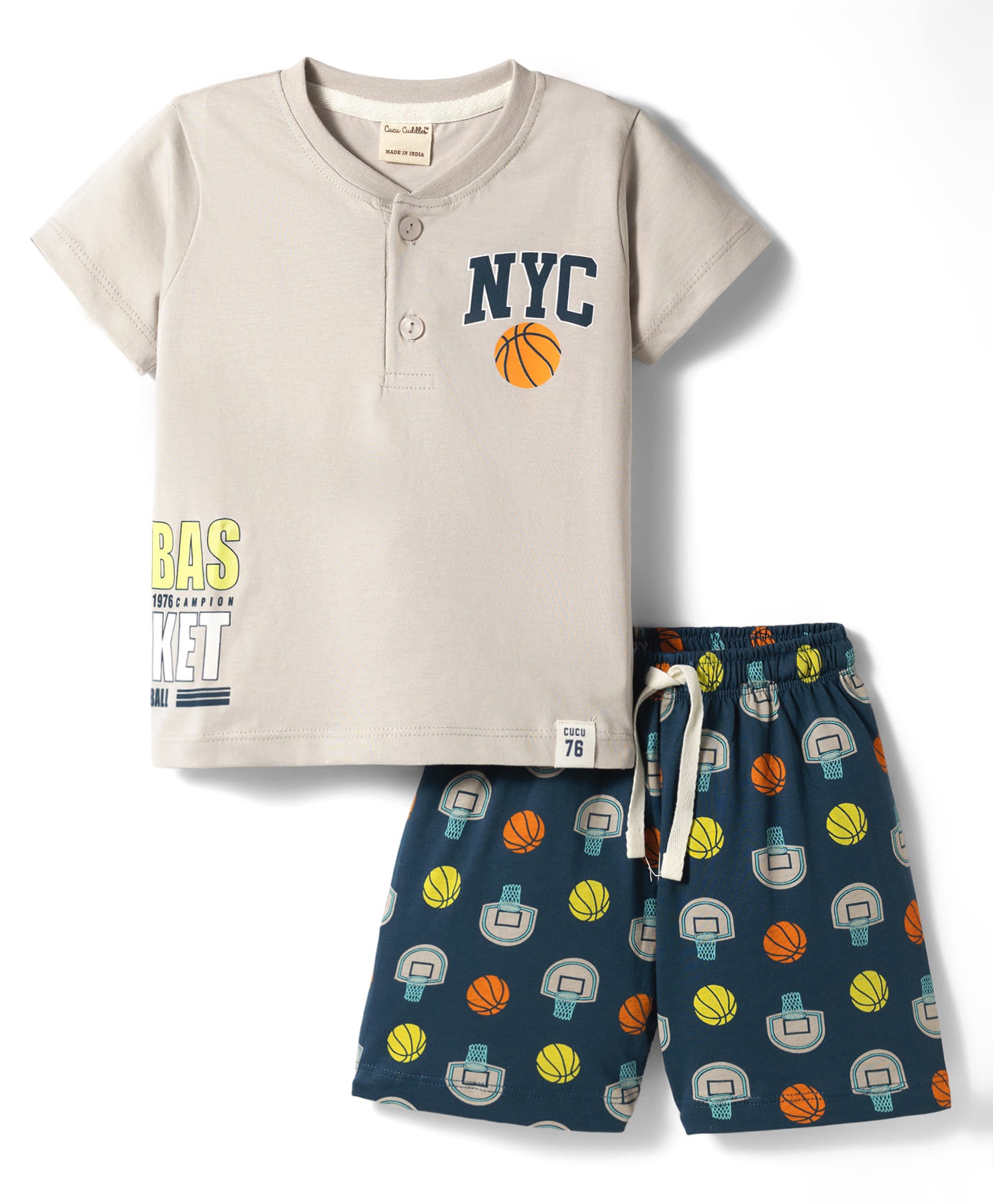 CUCUMBER Sinker Knit Half Sleeves Henley Neck Basket Ball Printed T-Shirt & Shorts Night Suit - Grey-image-22