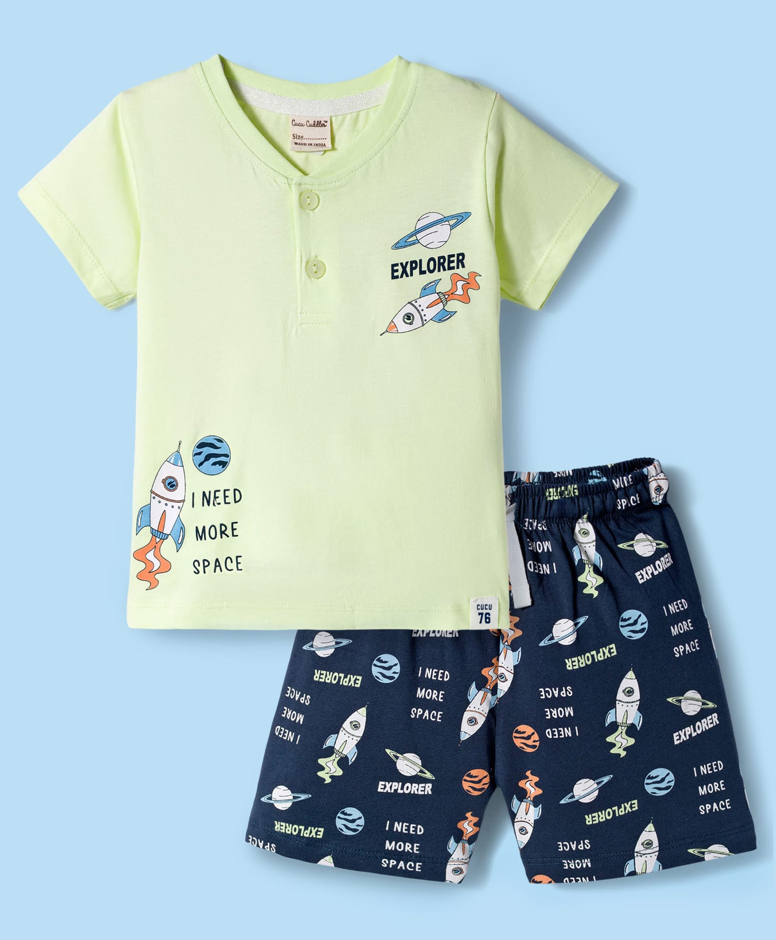 CUCUMBER Sinker Knit Half Sleeves Henley Neck Rocket Printed T-Shirt & Shorts Night Suit - Light Green-image-10
