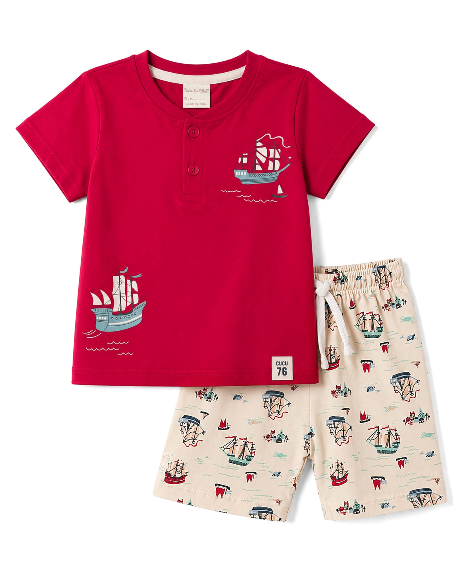 CUCUMBER Sinker Knit Half Sleeves Henley Neck Boat Printed T-Shirt & Shorts Night Suit - Red-image-23