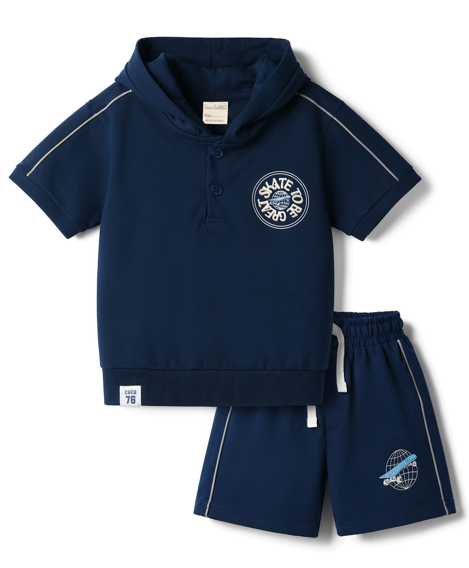CUCUMBER Sinker Knit Half Sleeves Hooded T-Shirt with Shorts with Skating Print - Navy-image-31