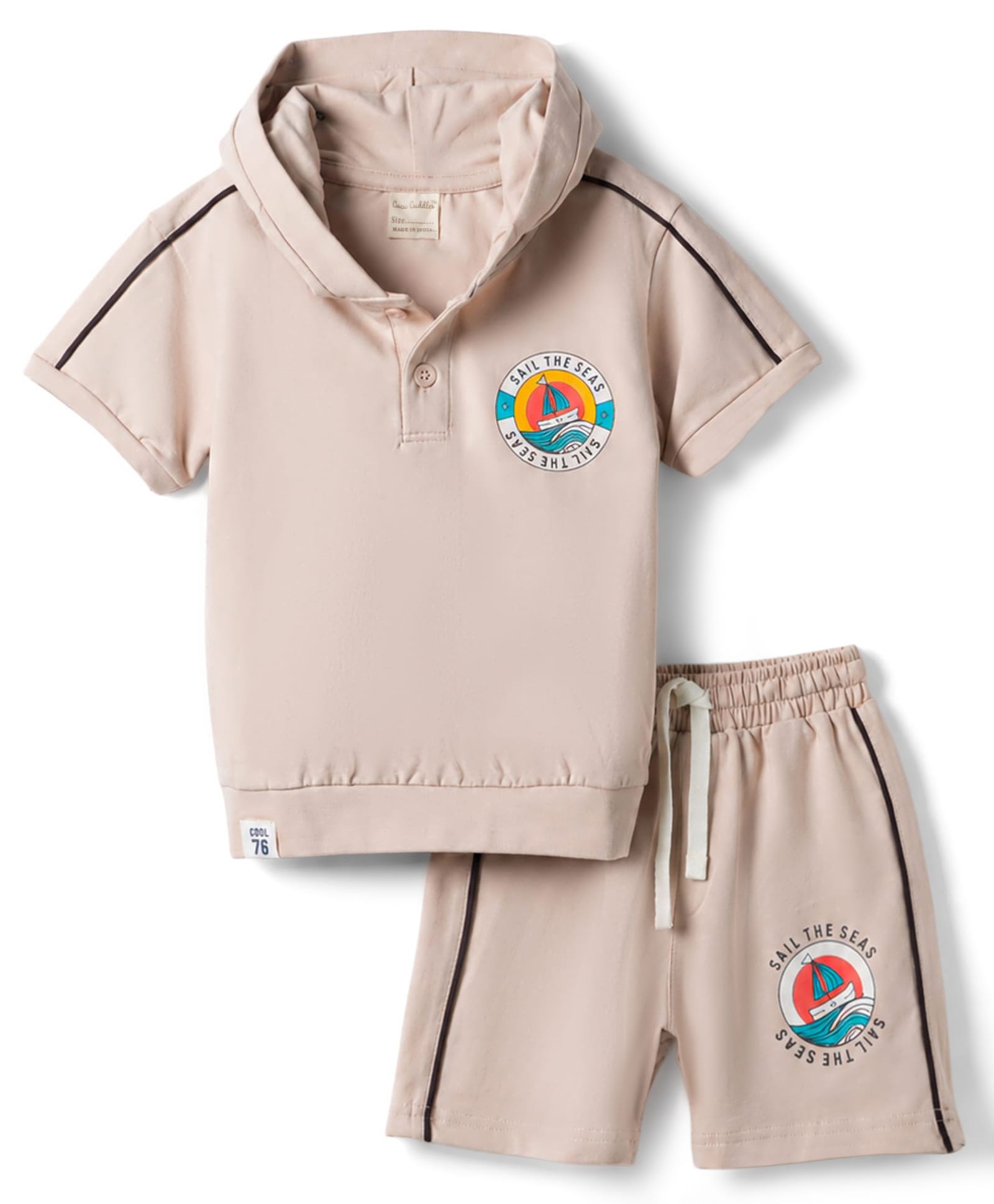 CUCUMBER Sinker Knit Half Sleeves Hooded T-Shirt with Shorts with Boat Print - Beige-image-21