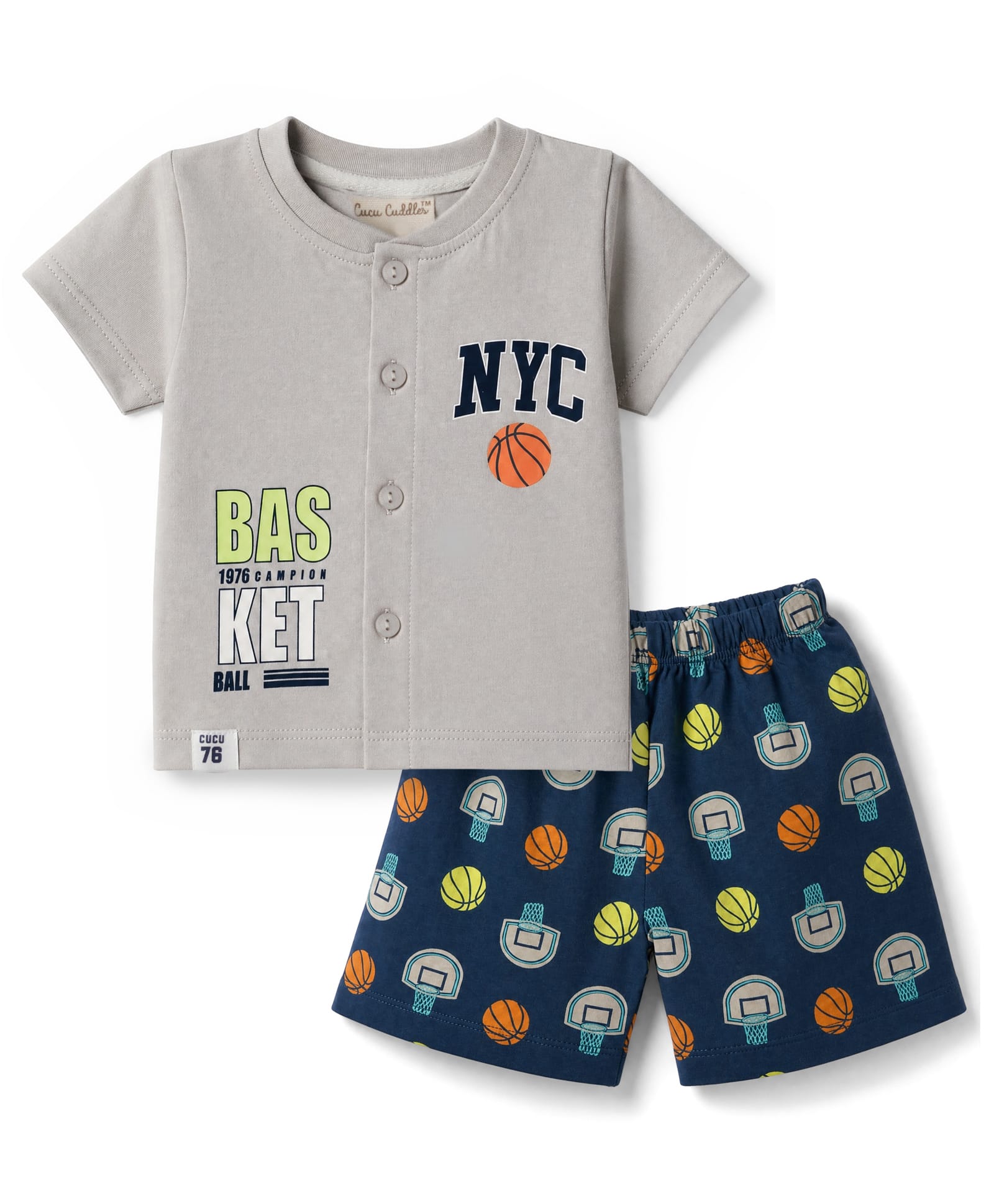 CUCUMBER Sinker Knit Half Sleeves T-Shirt & Shorts Night Suit with Ball Print - Grey-picture-11