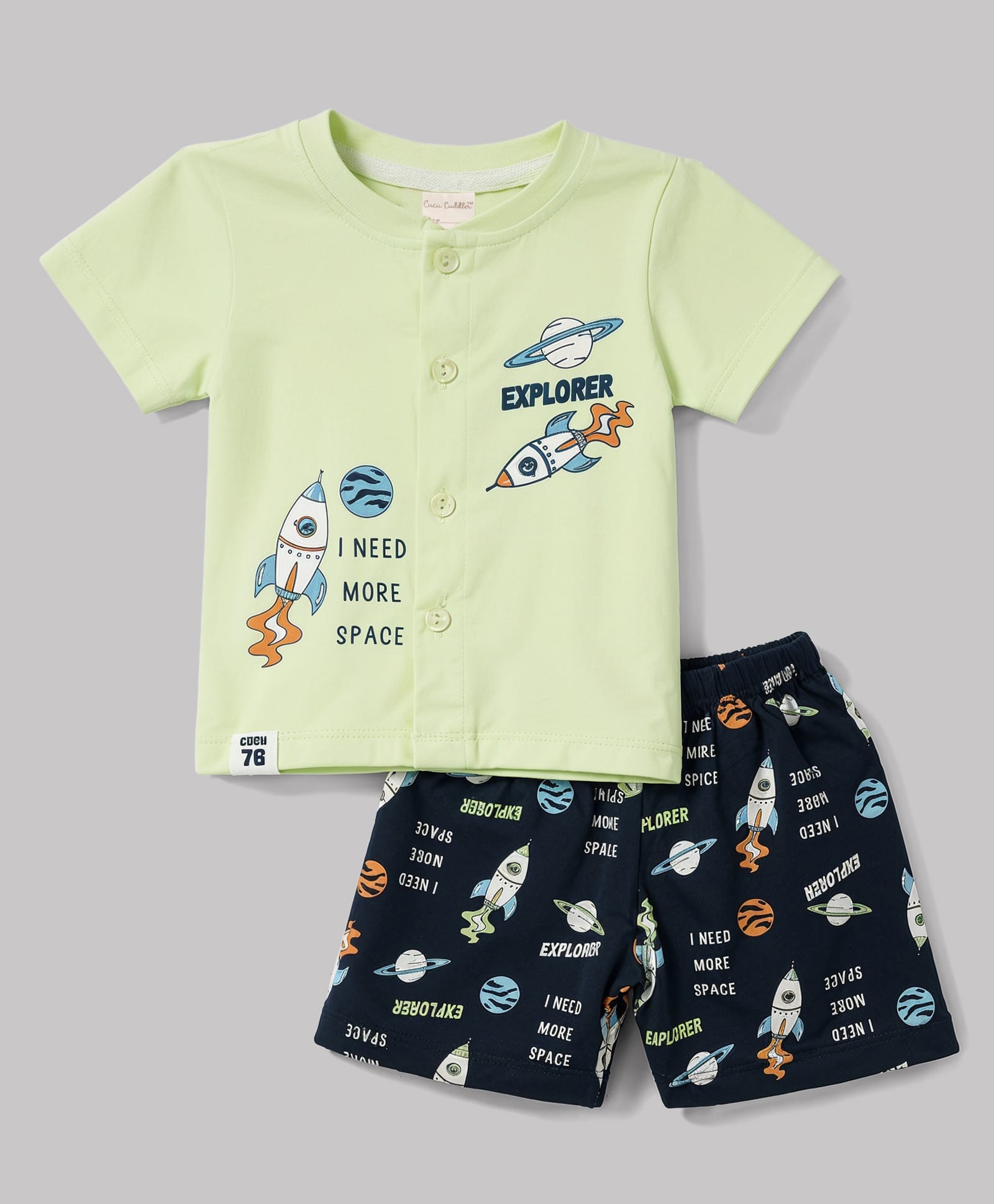 CUCUMBER Sinker Knit Half Sleeves T-Shirt & Shorts Night Suit with Space Theme Print - Light Green-picture-10