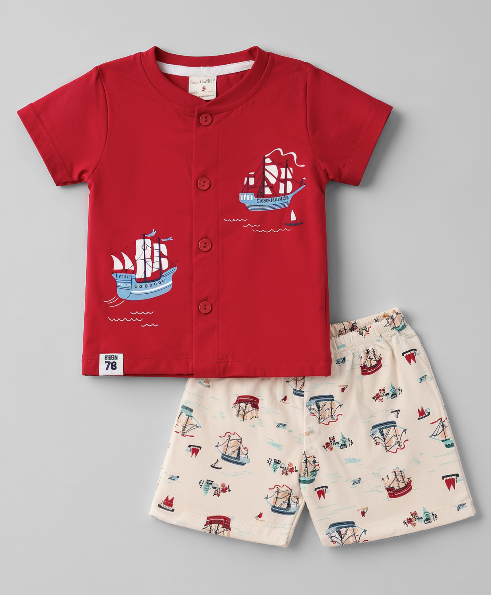 CUCUMBER Sinker Knit Half Sleeves T-Shirt & Shorts Night Suit with Boat Print - Red-picture-23