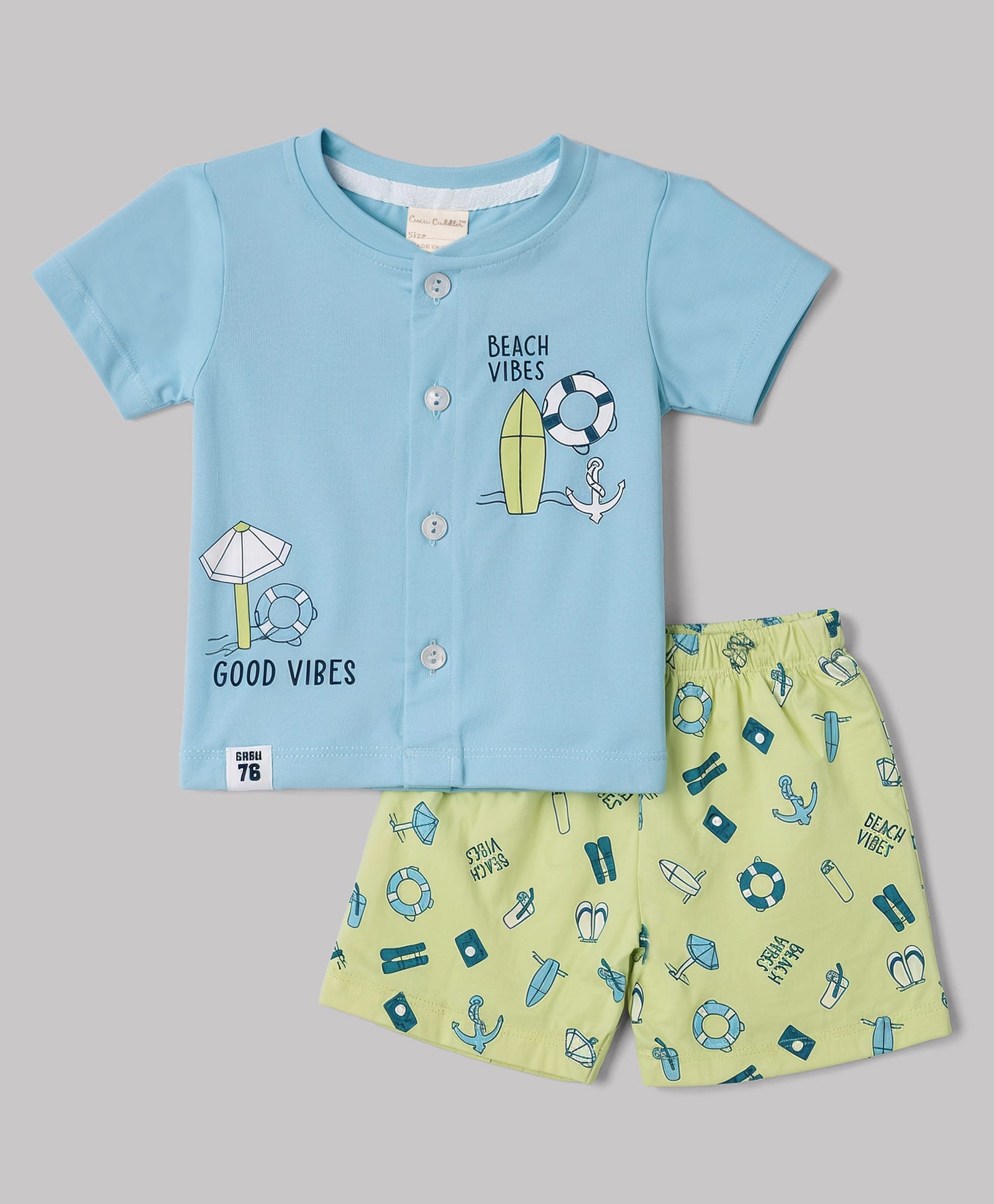 CUCUMBER Sinker Knit Half Sleeves T-Shirt & Shorts Night Suit with Beach Theme Print - Light Blue-picture-40