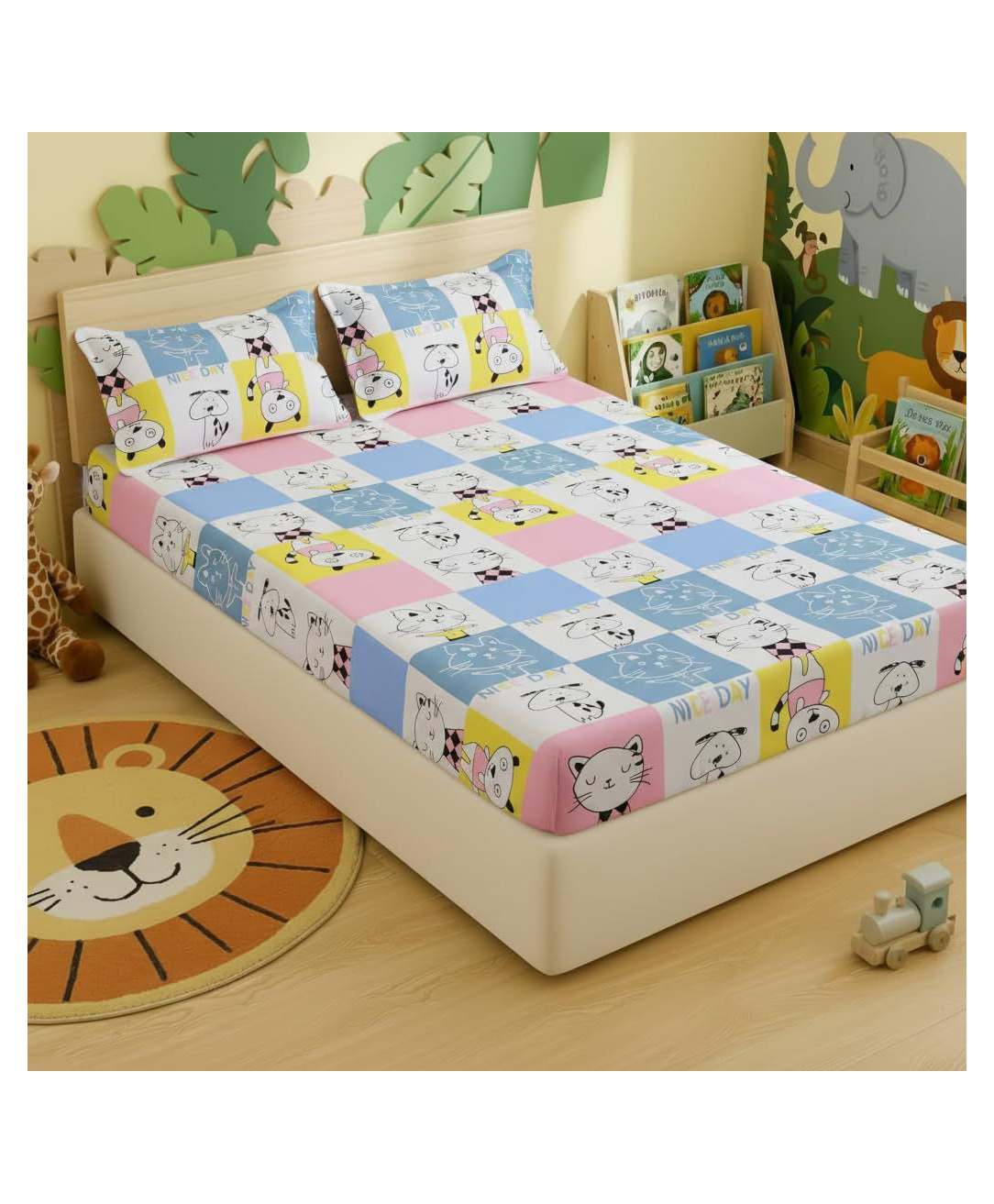 Filymore cat printed double Bedsheet for kids girls and boys room double Bedsheet with 2 Pillow Covers Size 90x90 Inch Pillow Cover Size 17 X 27 Inch, sky blue and pink-image-22