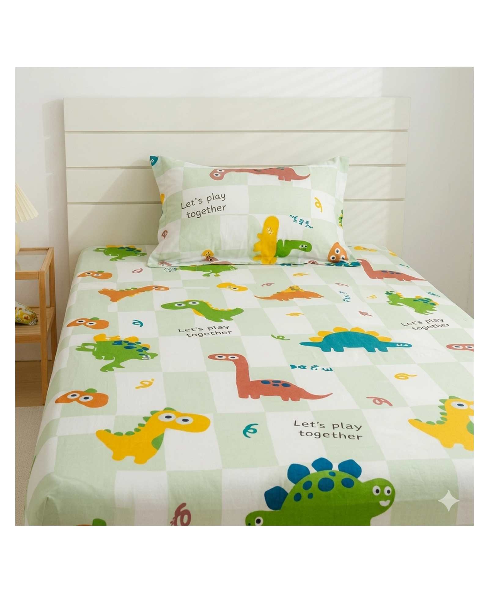 Filymore Kids Single Bedsheet with Pillow Cover Cartoon Dinosaur Theme, 240 TC Soft Microfiber Bed Sheet for Single Bed (90x60 Inches), Breathable & Skin Friendly Kids Bedding Set, Green & White-image-17