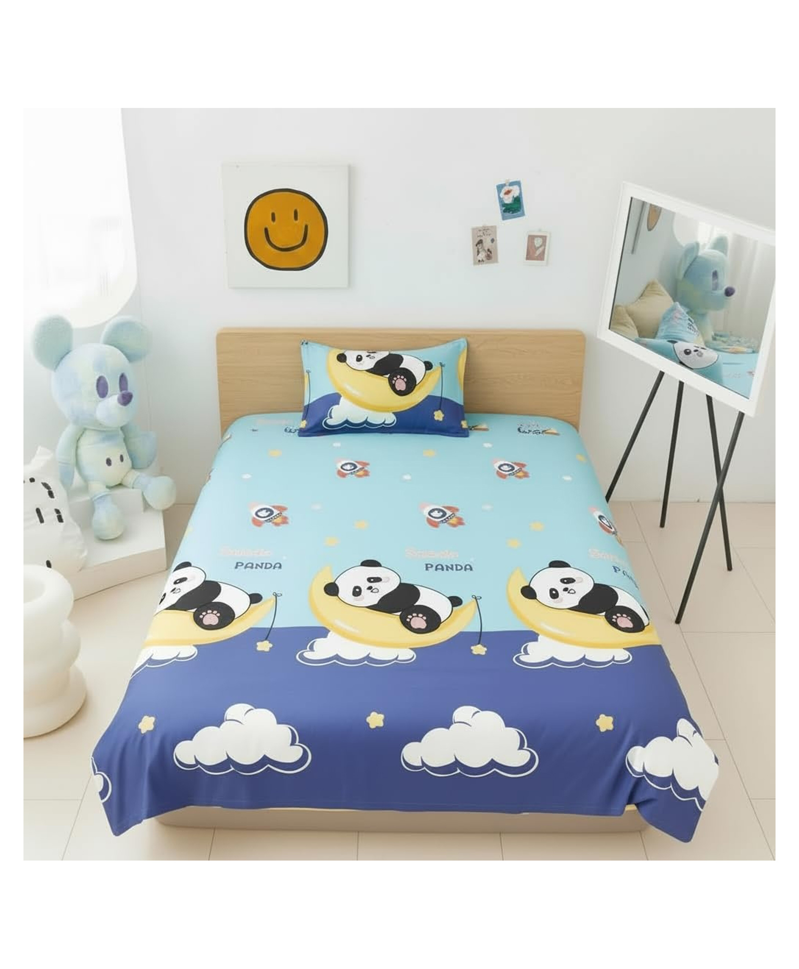 Filymore Kids Single Bedsheet with Pillow Cover Cloud Panda Theme, 240 TC Soft Microfiber Bed Sheet for Single Bed (90x60 Inches), Breathable & Skin Friendly Kids Bedding Set, Sky Blue & Purple-image-26