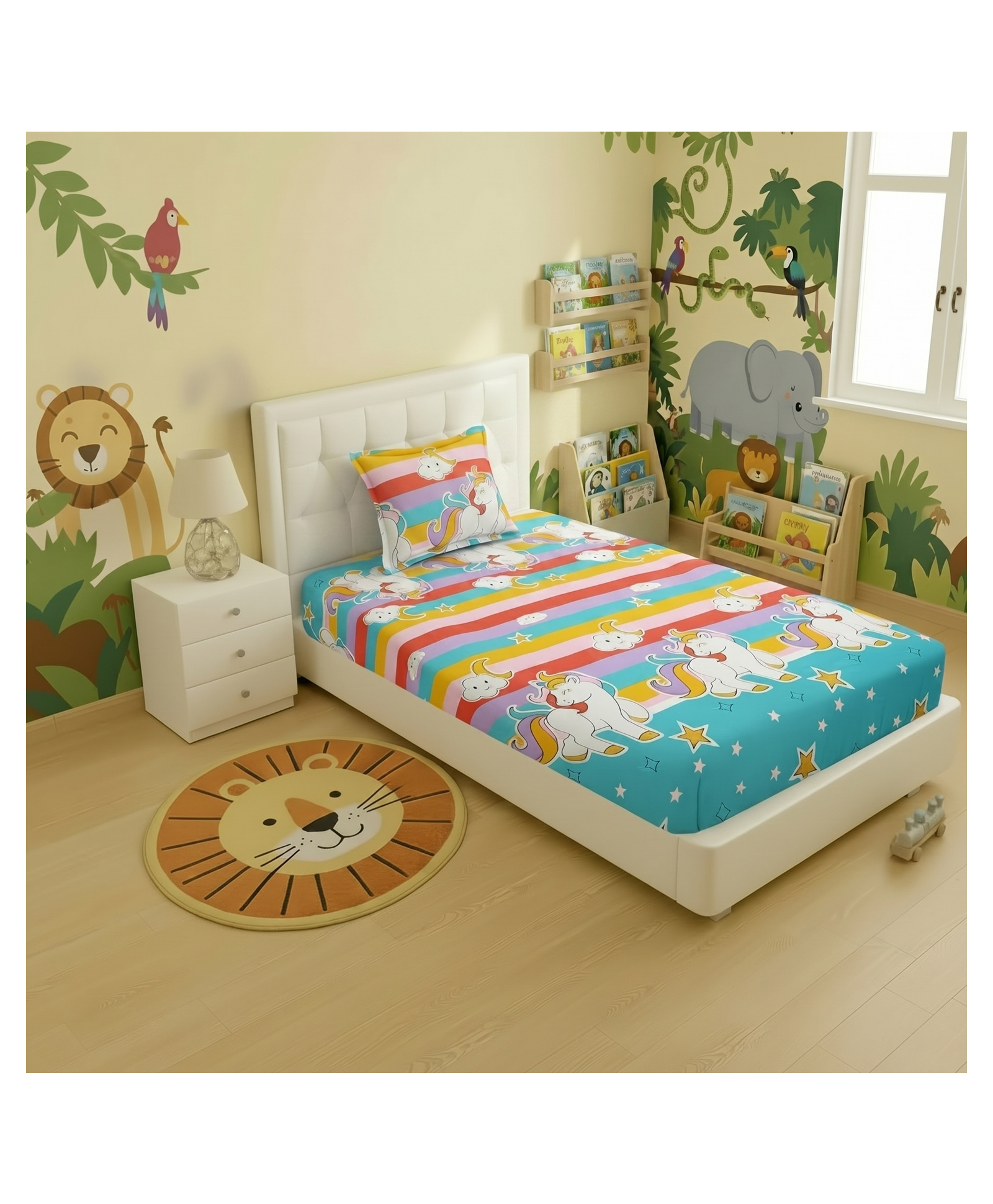 Filymore Multi Unicorn Elastic Fitted bedsheet for single bed 240 TC made with pure microfiber 1 bedsheet and 1 pillow cover (Size 72x36 inches) fit up to 6 inches mattress (Colour Multicolor)-image-29