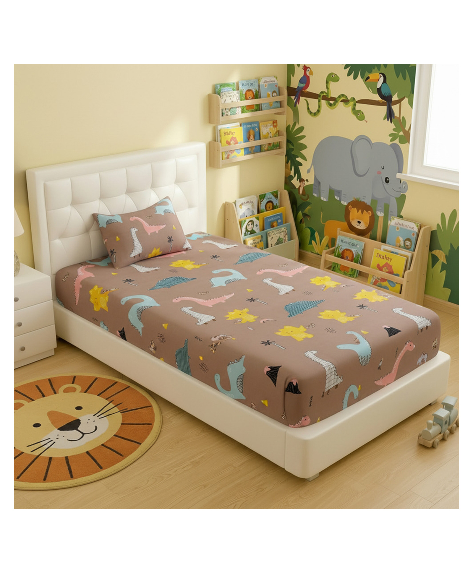 Filymore Brown Dinosaur Elastic Fitted bedsheet for single bed 240 TC made with pure microfiber 1 bedsheet and 1 pillow cover (Size 72x36 inches) fit up to 6 inches mattress (Colour Brown)-image-48