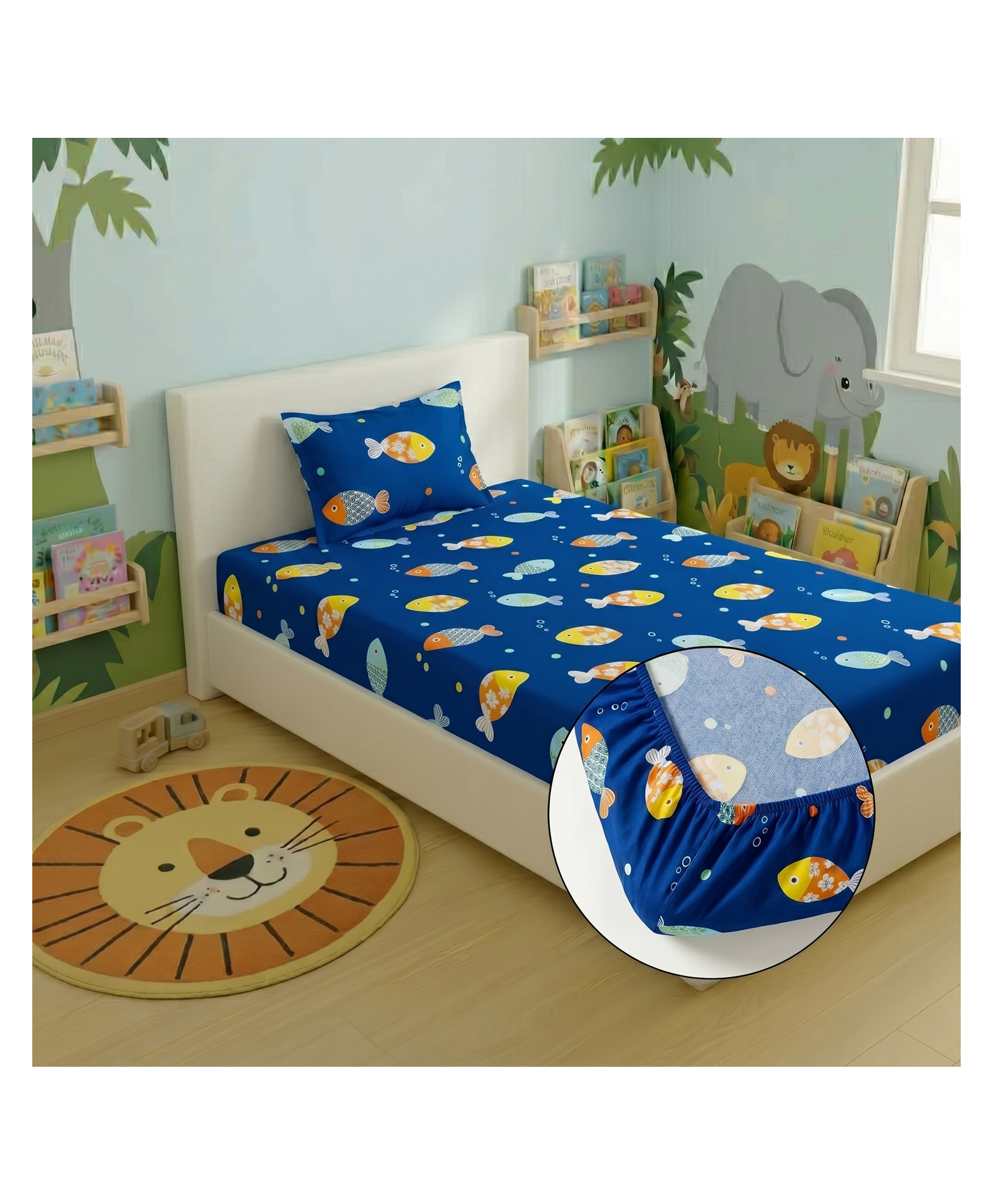 Filymore Blue Fish Elastic Fitted bedsheet for single bed 240 TC made with pure microfiber 1 bedsheet and 1 pillow cover (Size 72x36 inches) fit up to 6 inches mattress (Colour Blue)-image-34