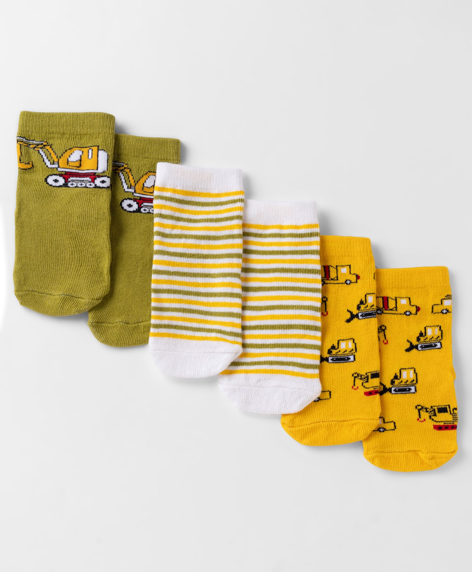 Cute Walk By Babyhug Non Terry Knit Anti Bacterial Ankle Length Striped Socks With Vehicle Design Pack of 3 - Olive Green, Yellow & White-image-40