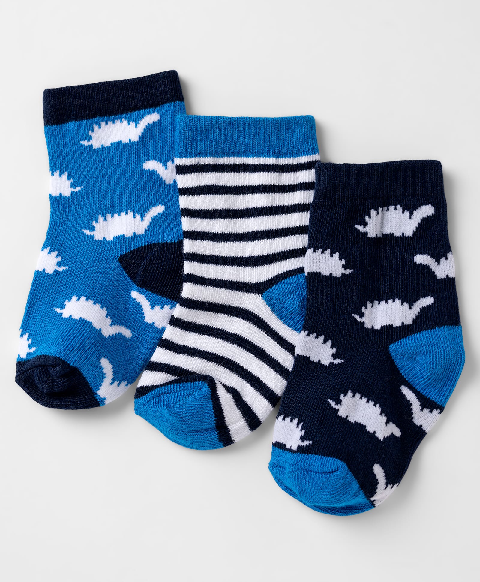 Cute walk by Babyhug Knit Anti-Bacterial Ankle Length Striped Socks with Dinosaur Design Pack of 3 - Blue & Black-image-31