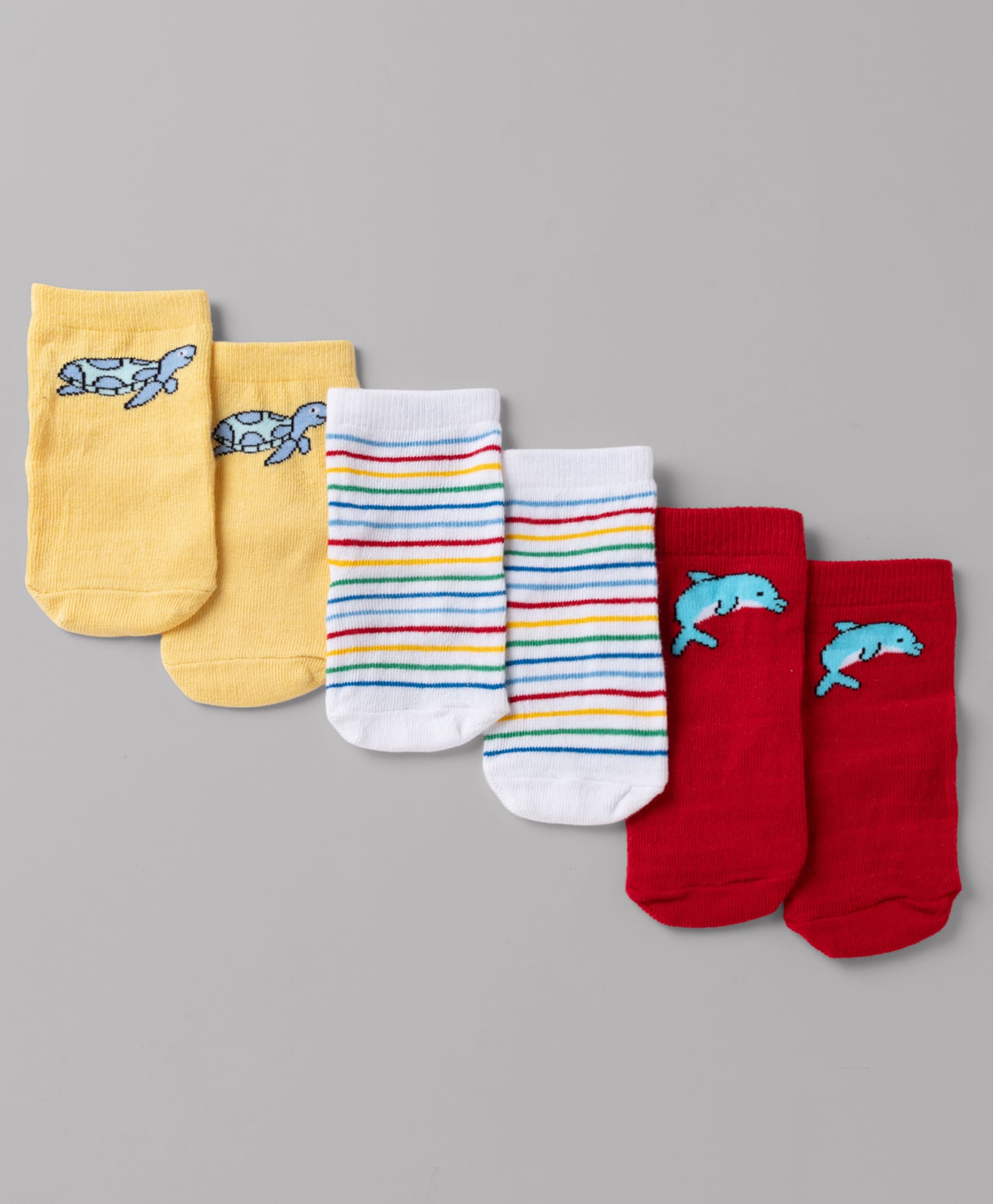 Cute Walk By Babyhug Non Terry Knit Anti Bacterial Ankle Length Striped Socks With Turtle & Whale Design Pack of 3 - Red, Yellow & White-image-46