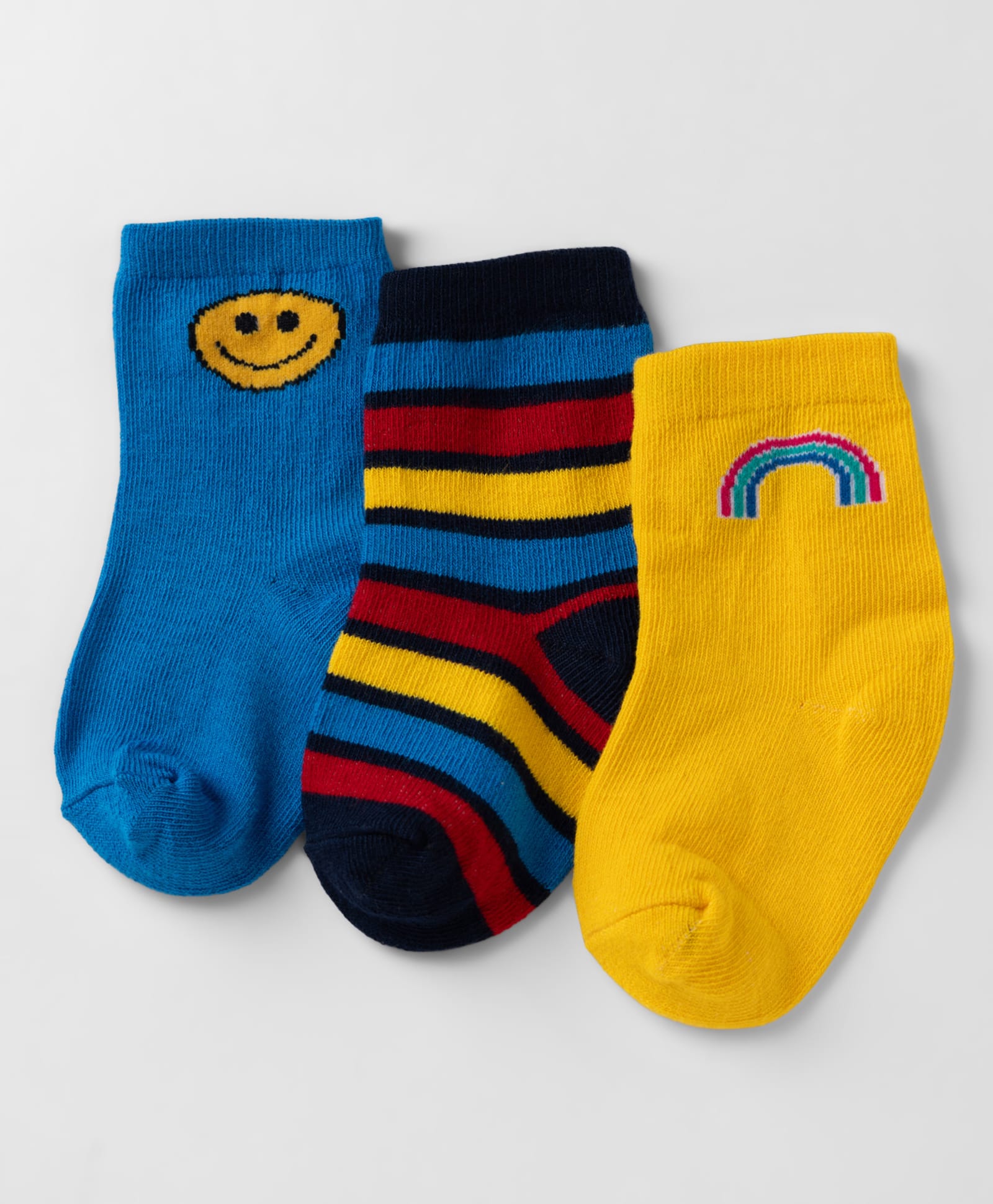 Cute Walk By Babyhug Non Terry Knit Anti Bacterial Ankle Length Striped Socks With Rainbow & Emoji Design Pack of 3 - Yellow, Blue & Black-image-27