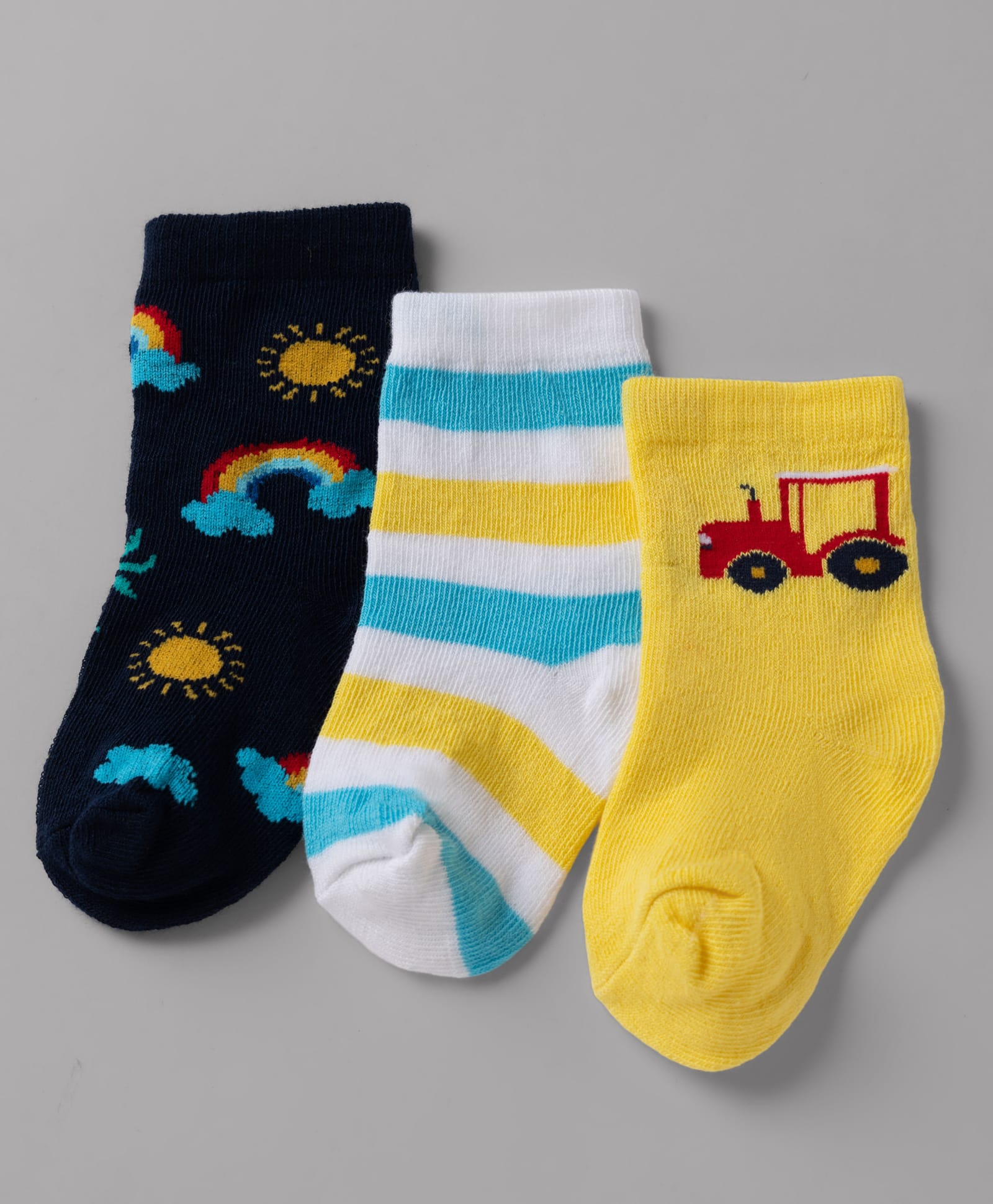 Cute Walk By Babyhug Non Terry Knit Anti Bacterial Ankle Length Striped Socks With Vehicle & Rainbow Design Pack of 3 - Yellow, White & Black-image-26