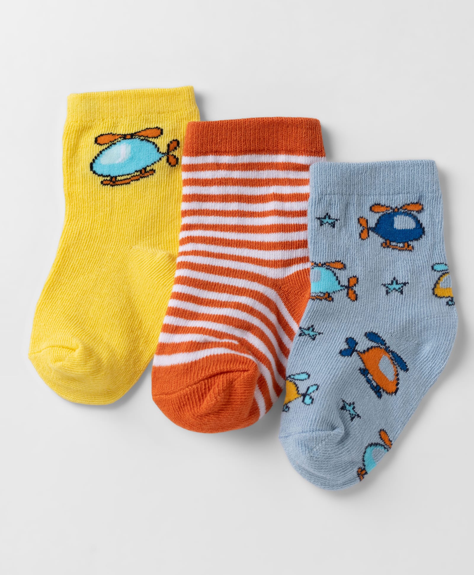 Cute Walk By Babyhug Non Terry Knit Anti Bacterial Ankle Length Striped Socks With Helicopter Design Pack of 3 - Red, Yellow & Sky Blue-image-3