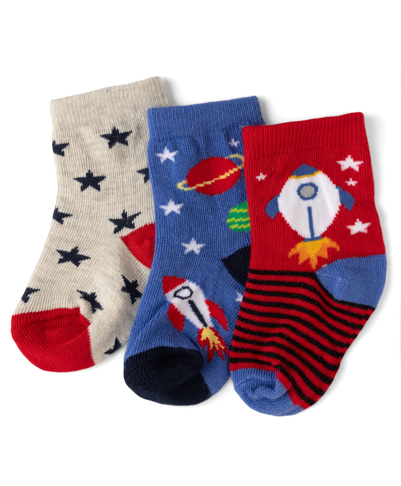 Cute Walk by Babyhug Non Terry Knit Anti-bacterial Ankle Length Striped Socks With Space Design Pack of 3 - Grey, Blue & Red-picture-20