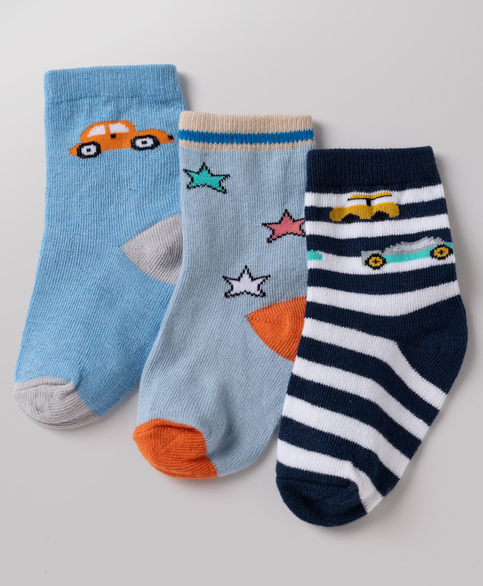 Cute Walk By Babyhug Non Terry Knit Anti Bacterial Ankle Length Striped Socks With Vehicle & Star Desgin Pack of 3 - Black, Light Blue & White-picture-19