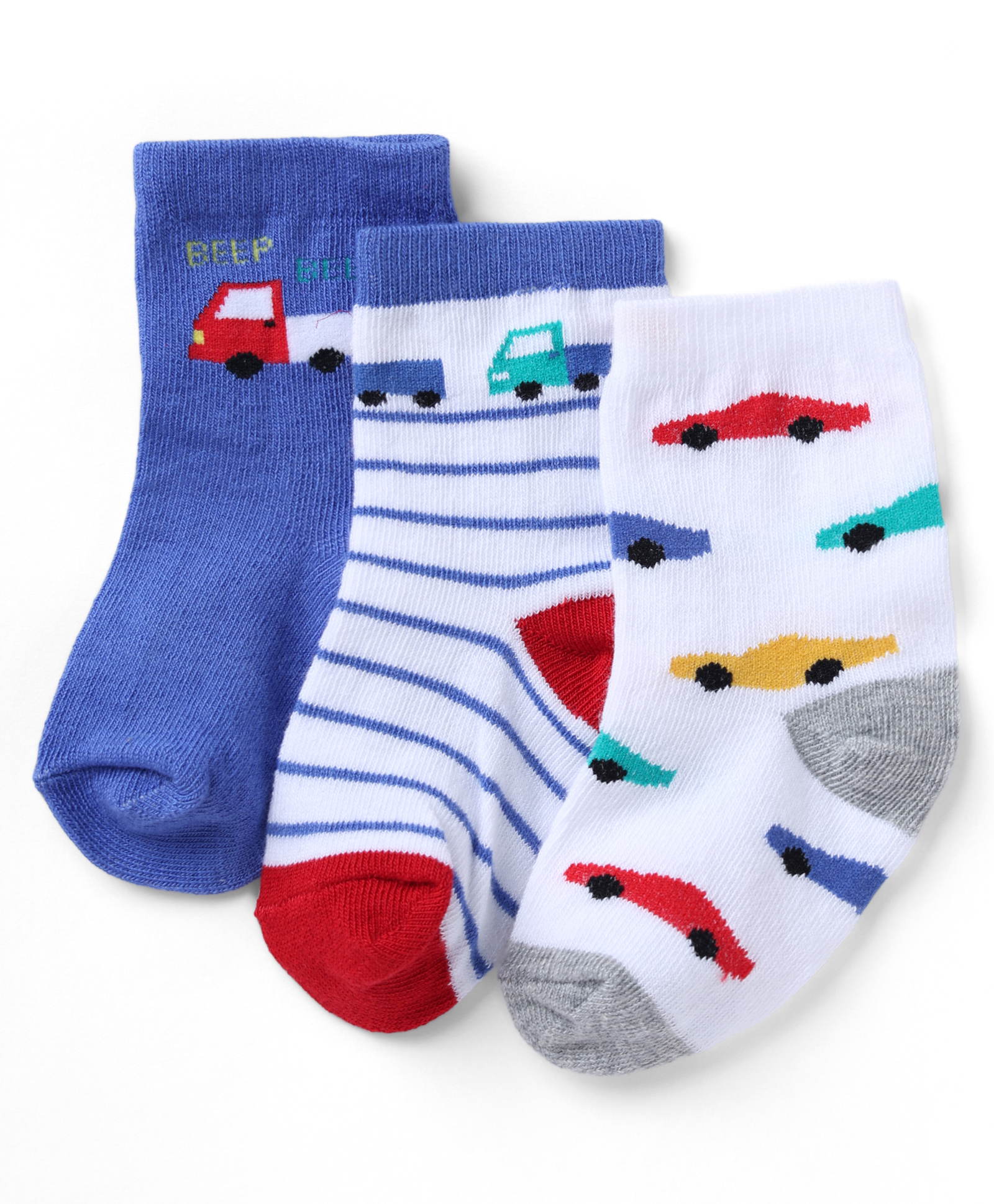 Cute Walk by Babyhug Non Terry Knit Anti-bacterial Ankle Length Striped Socks With Vehicle Design Pack of 3 - White & Blue-picture-11