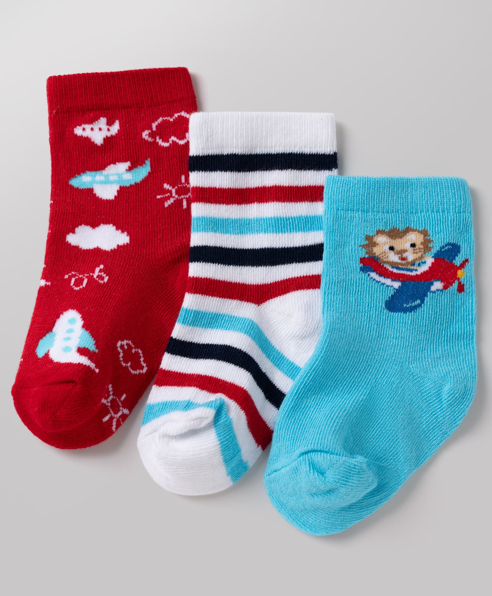 Cute Walk By Babyhug Non Terry Knit Anti Bacterial Ankle Length Striped Socks With Airplane & Lion Desgin Pack of 3 - Red, Light Blue & White-picture-14