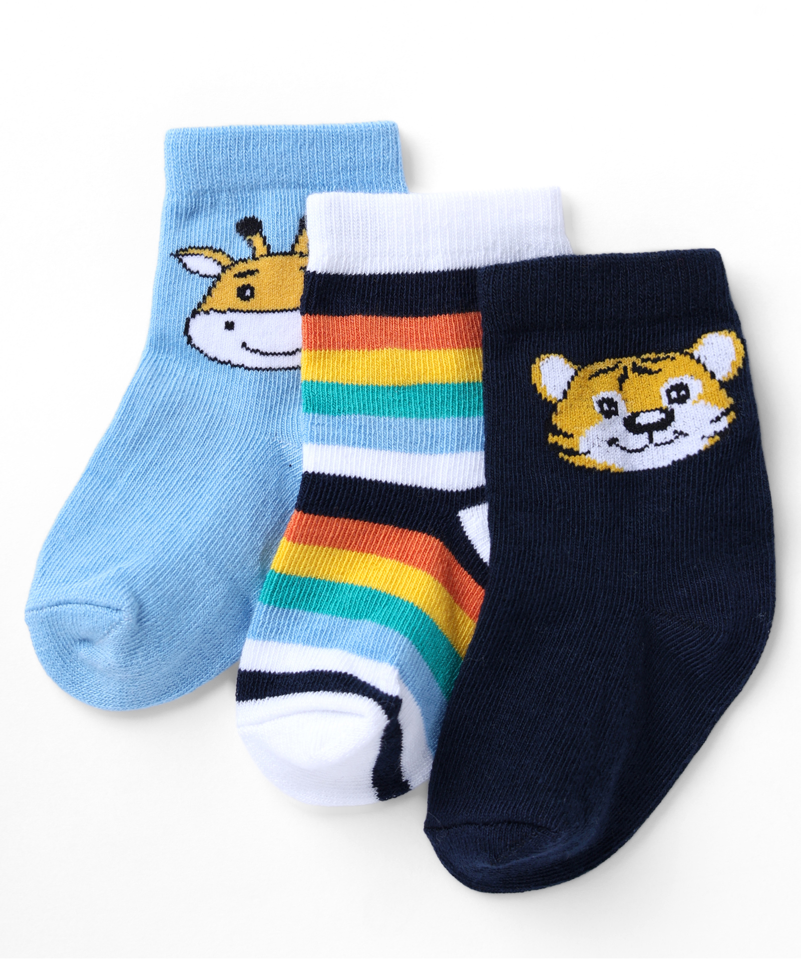Cute Walk by Babyhug Non Terry Knit Anti-bacterial Ankle Length Striped Socks With Animal Design Pack of 3 - Black, White & Light Blue-picture-25