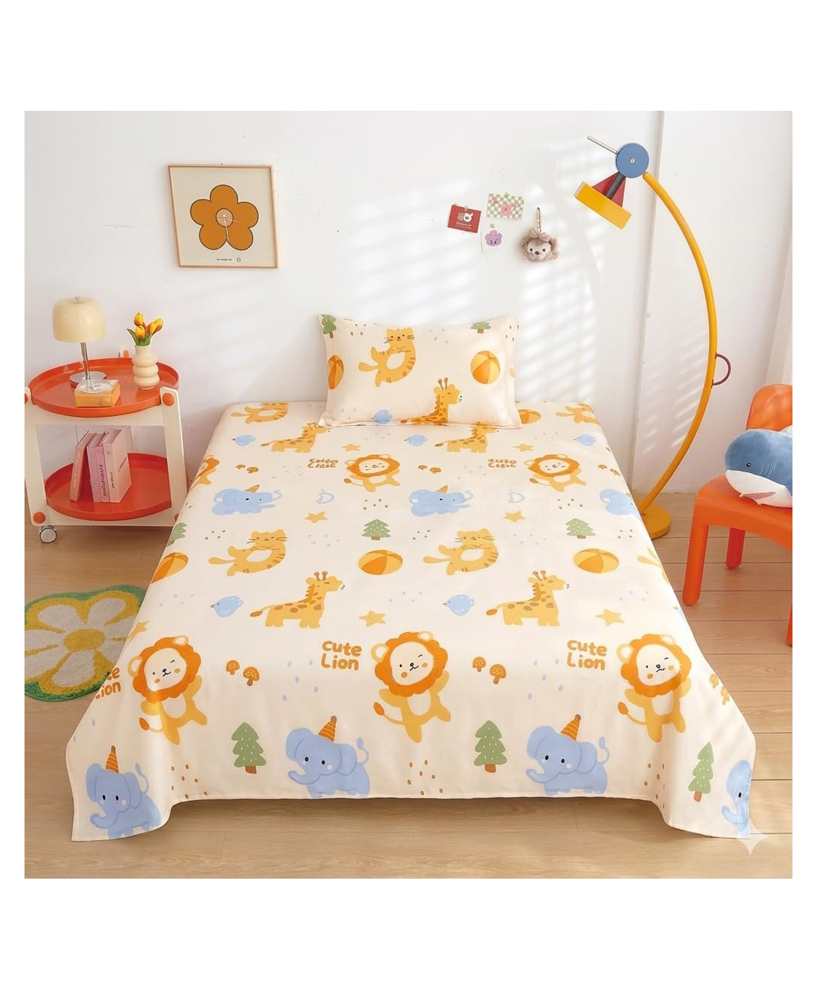 Filymore Kids Single Bedsheet with Pillow Cover Elephant Theme, 240 TC Soft Microfiber Bed Sheet for Single Bed (90x60 Inches), Breathable & Skin-Friendly Kids Bedding Set, white orange and blue)-image-32