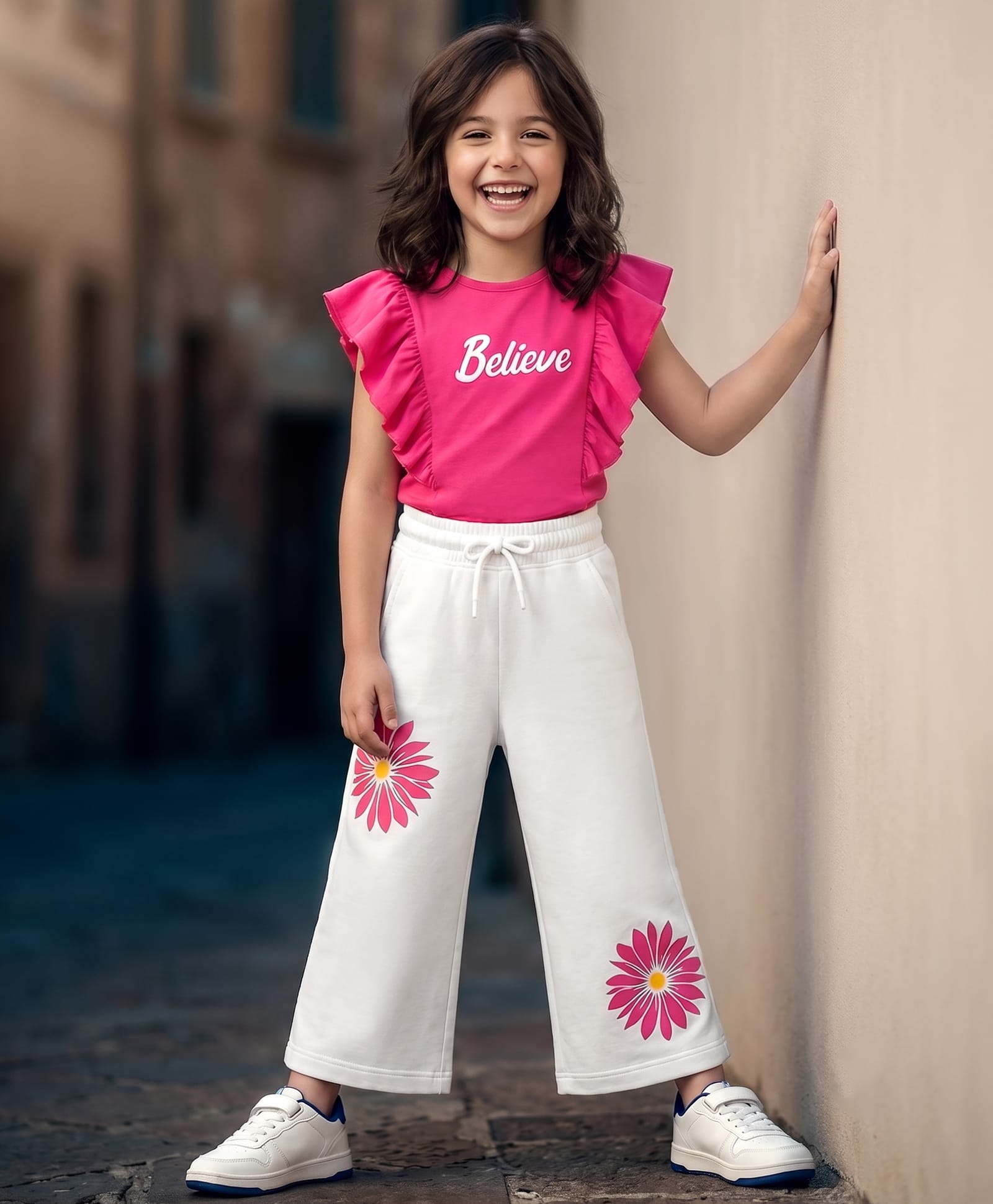 Ollington St. Single Jersey Knit Text & Floral Printed Half Sleeves Frill Top & Culottes -Pink & White-image-28