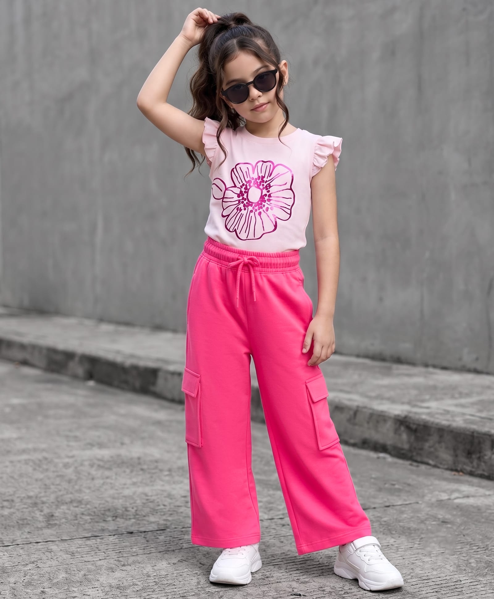 OLLINGTON ST. Cotton Single Jersey Knit Frill Sleeves Foil Floral Print Top & Bottom Set - Pink-image-0