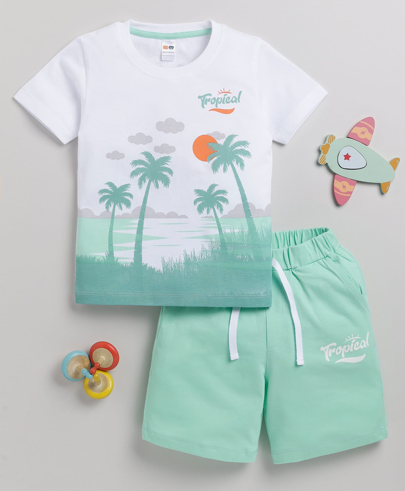 Little Ninja Cotton Knit Half Sleeves Tropical & Beach Theme Printed T-Shirt & Shorts Set - Sea Green