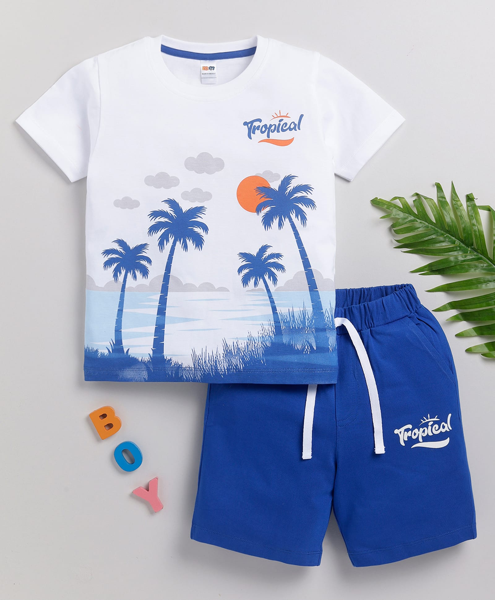 Little Ninja Cotton Knit Half Sleeves Tropical & Beach Theme Printed T-Shirt & Shorts Set - Blue-image-35
