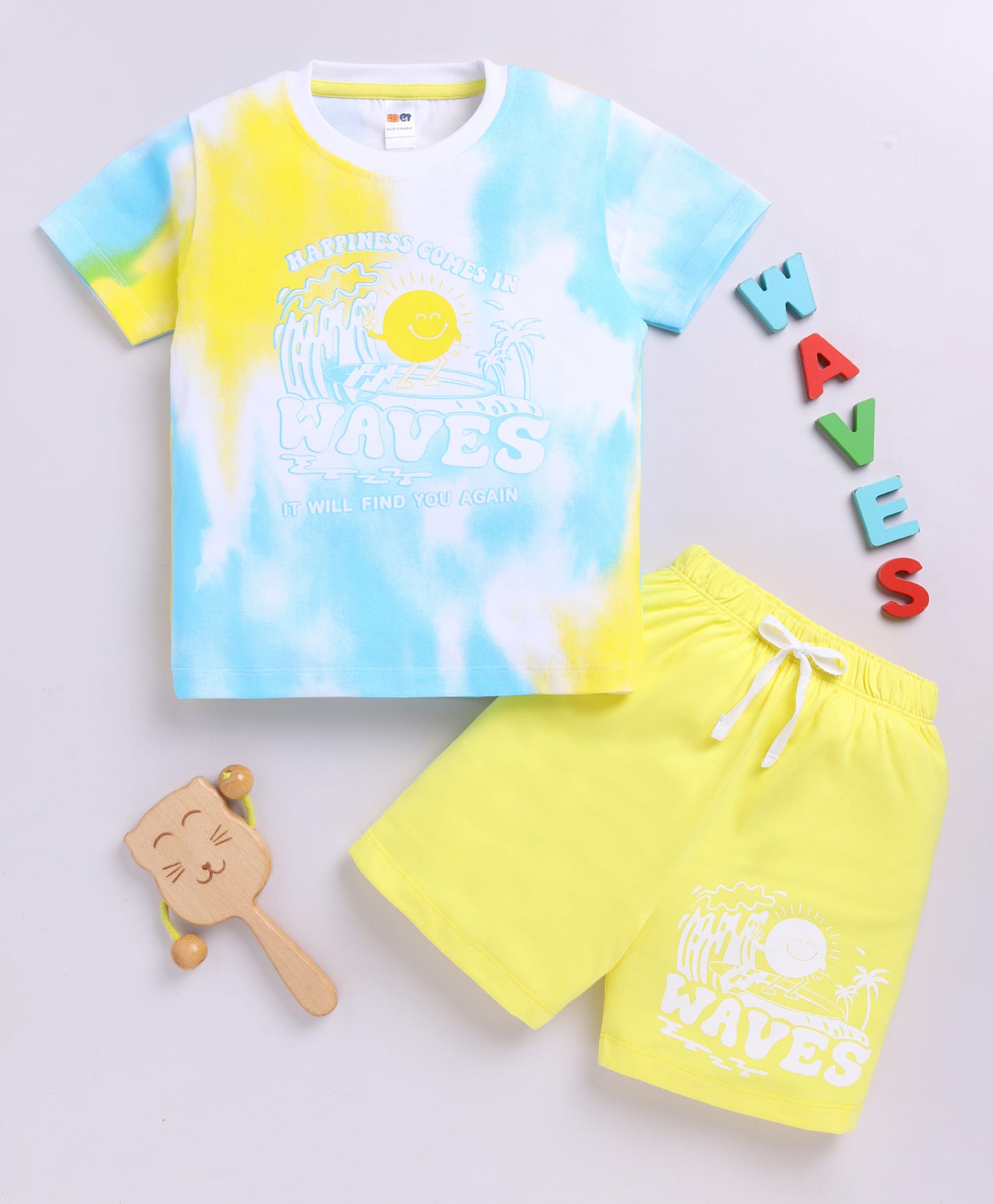Little Ninja Cotton Knit Half Sleeves Happiness Comes In Waves Text Printed Tie Dye T-Shirt & Shorts Set -Light Blue-picture-17