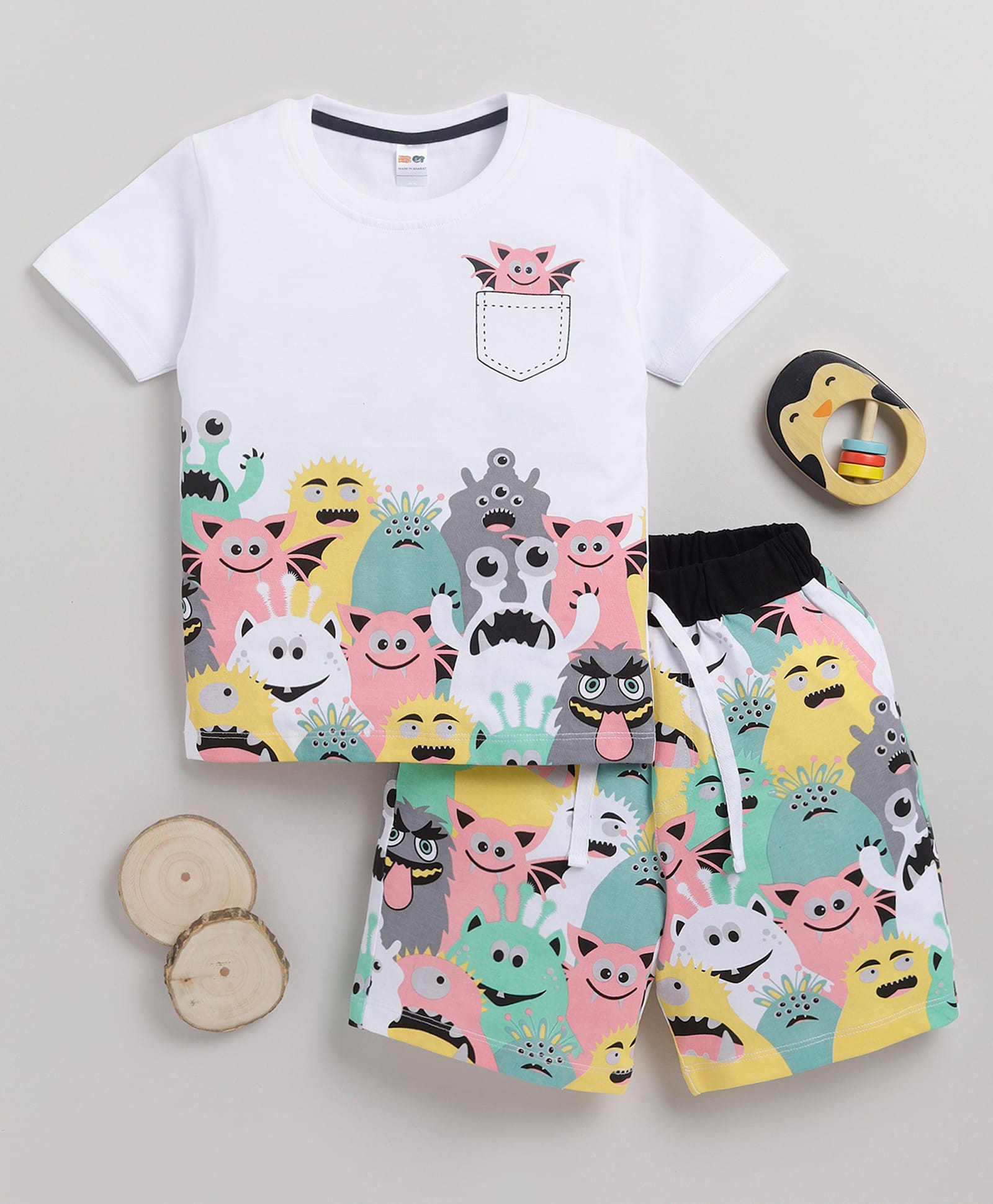 Little Ninja Cotton Knit Half Sleeves Monsters Printed T-Shirt & Shorts Set - White-image-4