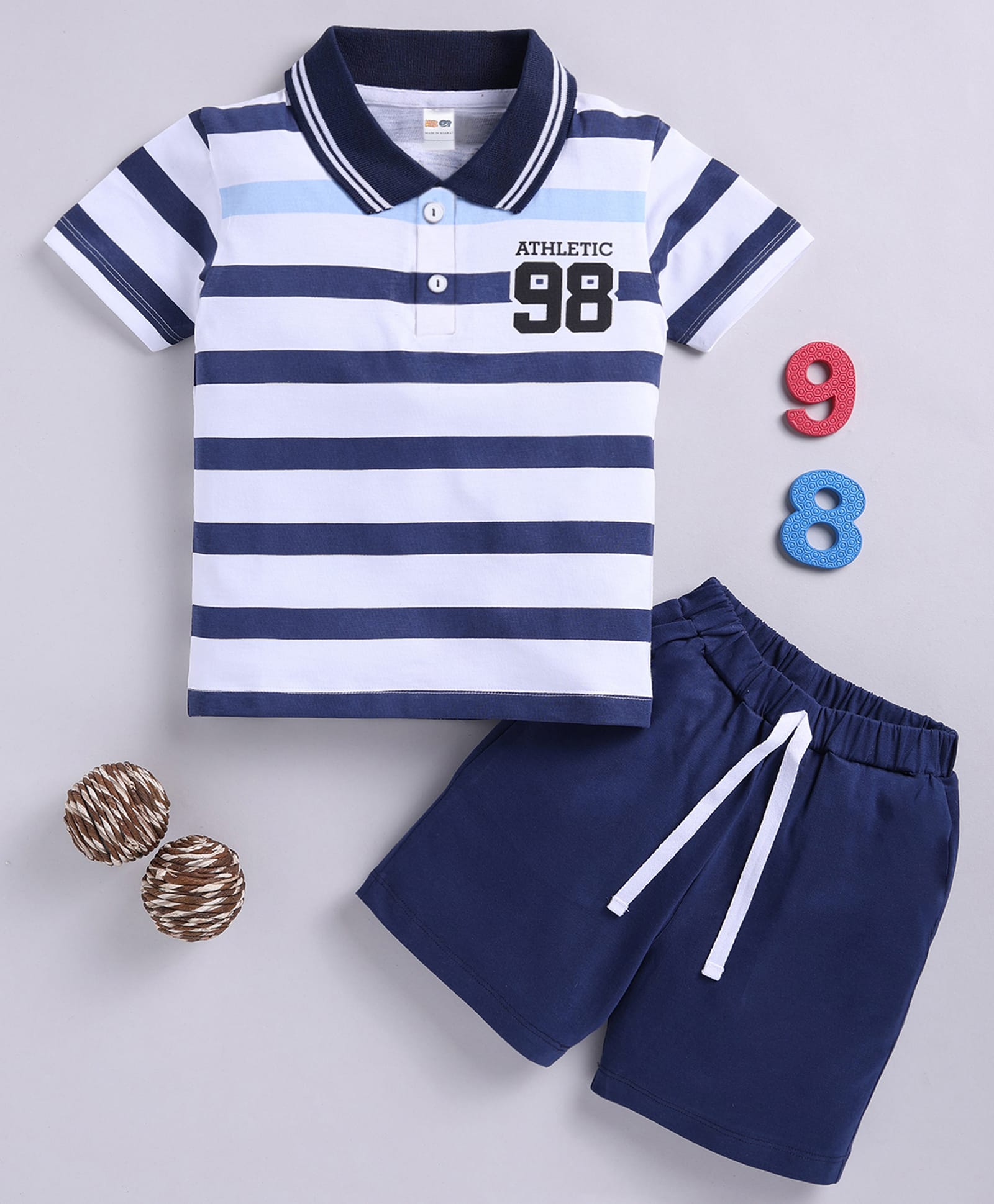 Little Ninja Cotton Knit Half Sleeves Striped & 98 Numerical Printed Polo T-Shirt & Shorts Set - Navy Blue-picture-32