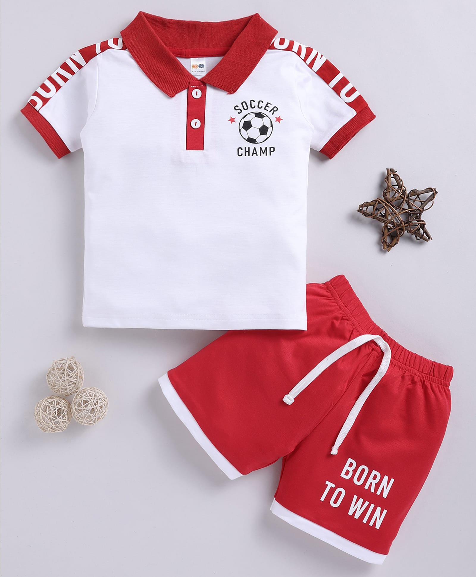 Little Ninja Cotton Knit Half Sleeves Soccer Champ Text Printed Polo T-Shirt & Shorts Set - Red-picture-19